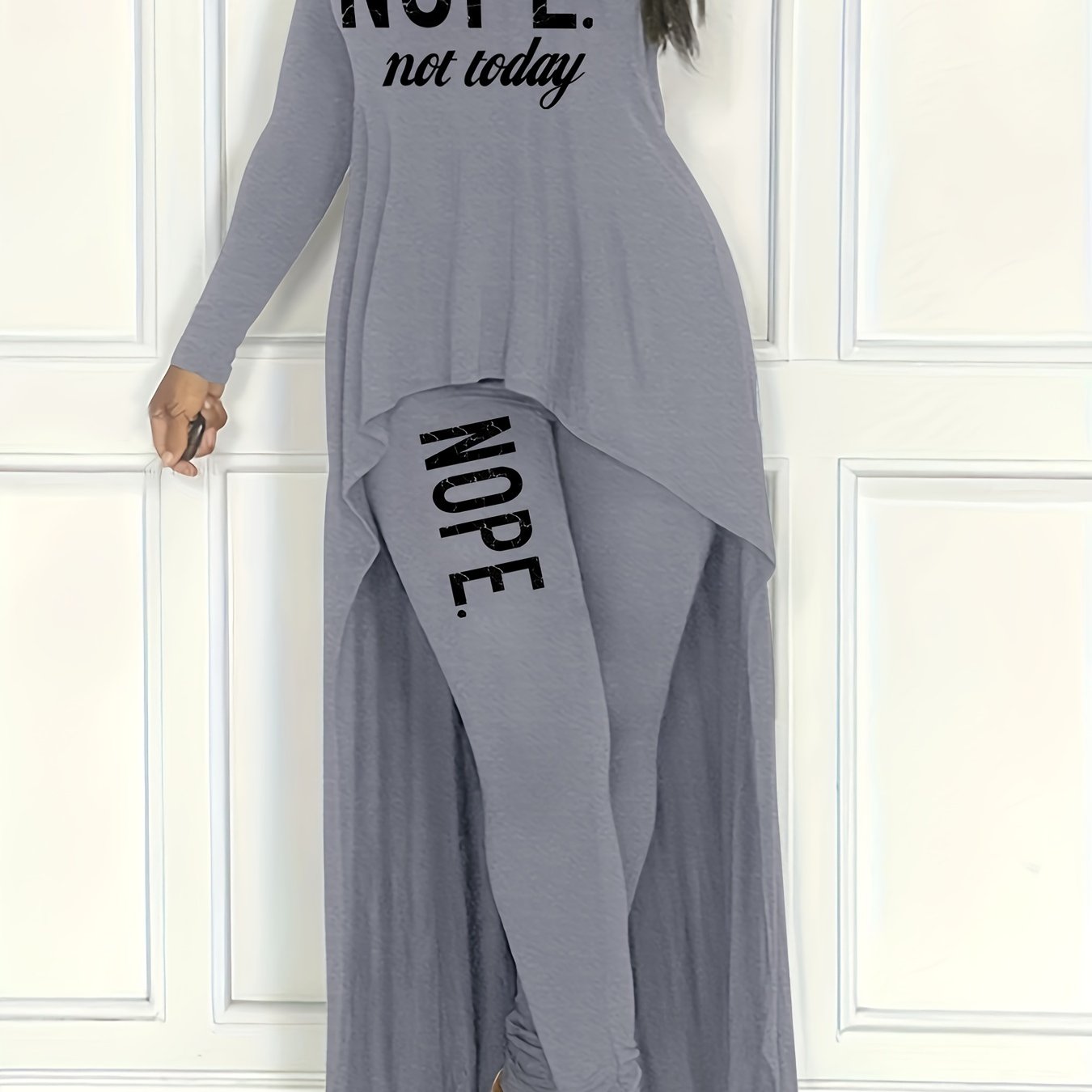Sixsr Plus Size Casual Outfits Two Piece Set, Women's Plus Letter Print Long Sleeve Round Neck High Low Hem Tee & Leggings Outfits 2 Piece Set