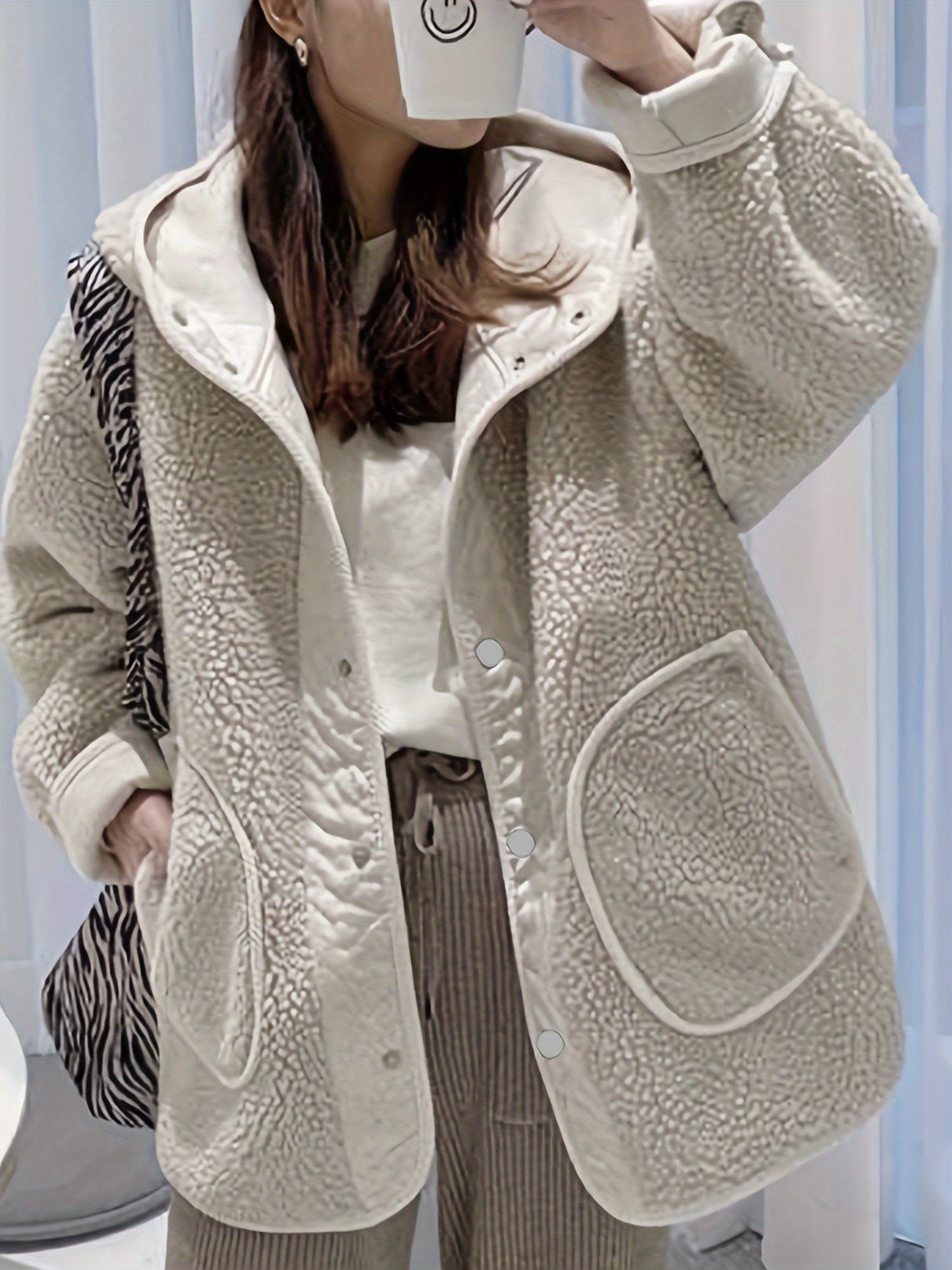 Sixsr Solid Hooded Teddy Coat, Casual Button Front Long Sleeve Winter Outerwear, Women's Clothing