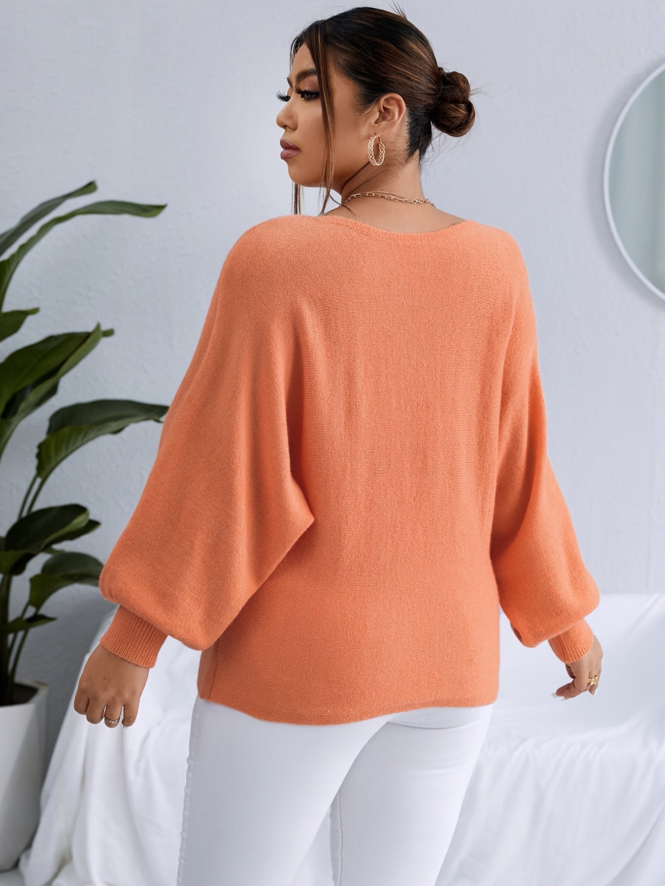 Sixsr Plus Size Jacquard Boat Neck Long Sleeve Sweater, Women's Plus High Stretch Casual Pullover Sweater