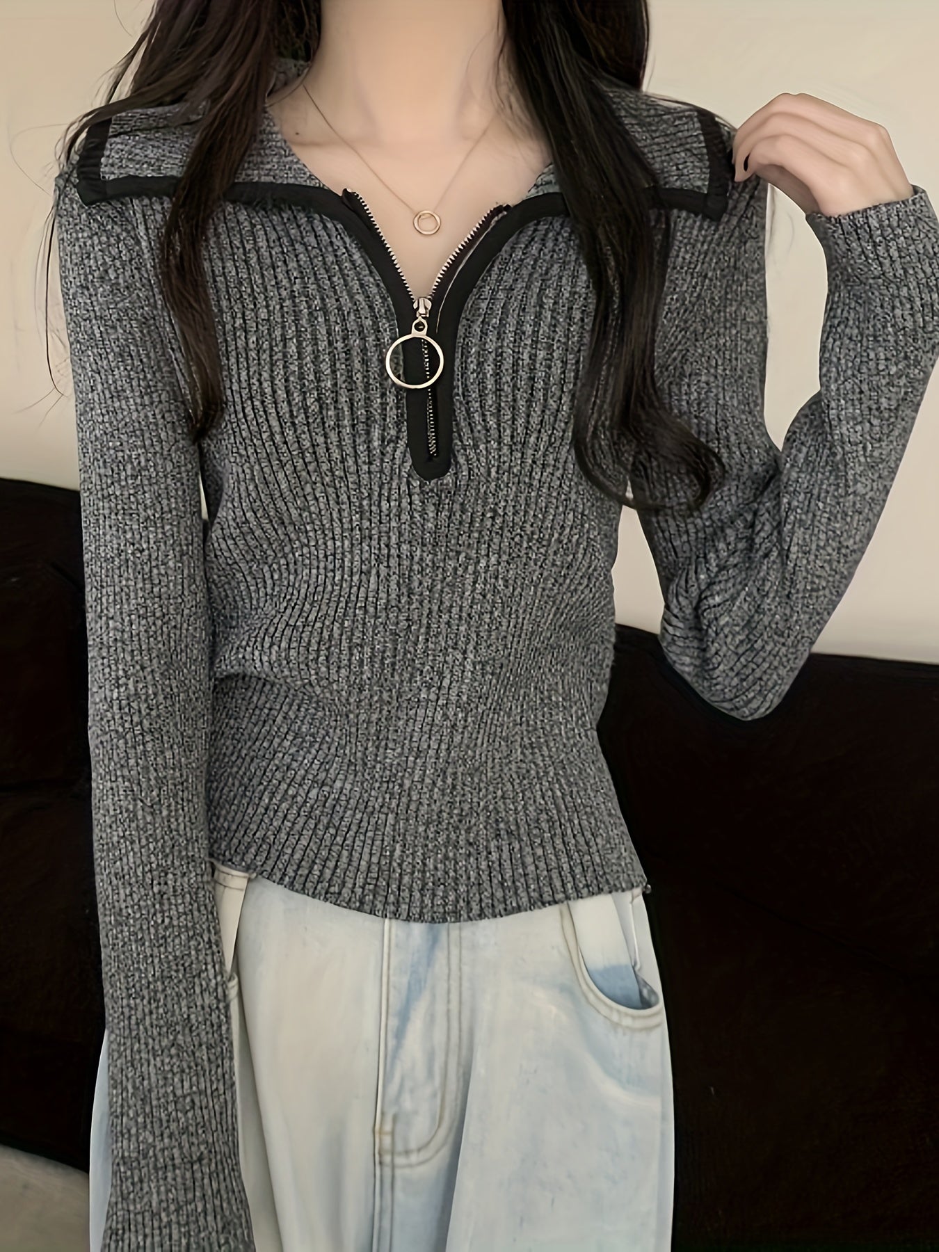 Sixsr Zip Turndown Collar Pullover Sweater, Casual Long Sleeve Slim Sweater, Women's Clothing