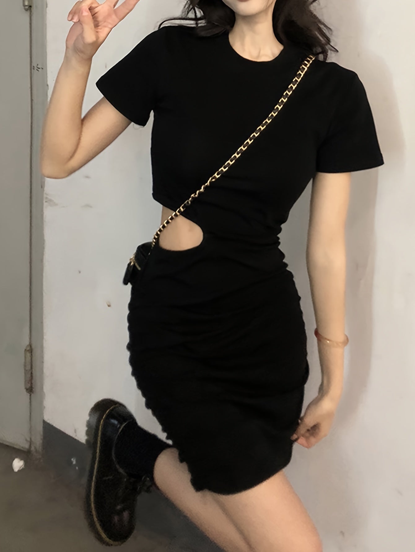 Sixsr Solid Cut Out Ruched Dress, Casual Short Sleeve Dress For Spring & Summer, Women's Clothing