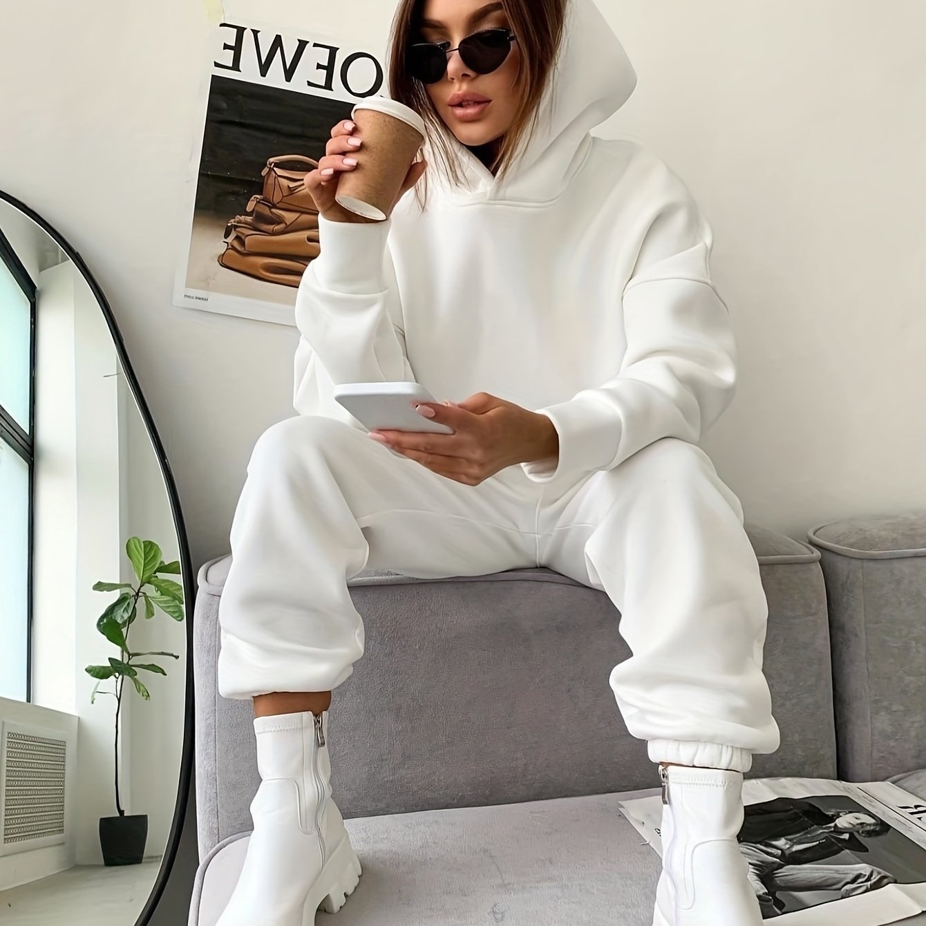 Sixsr Casual Two-piece Set, Solid Hoodie & Elastic Waist Jogger Pants Outfits, Women's Clothing
