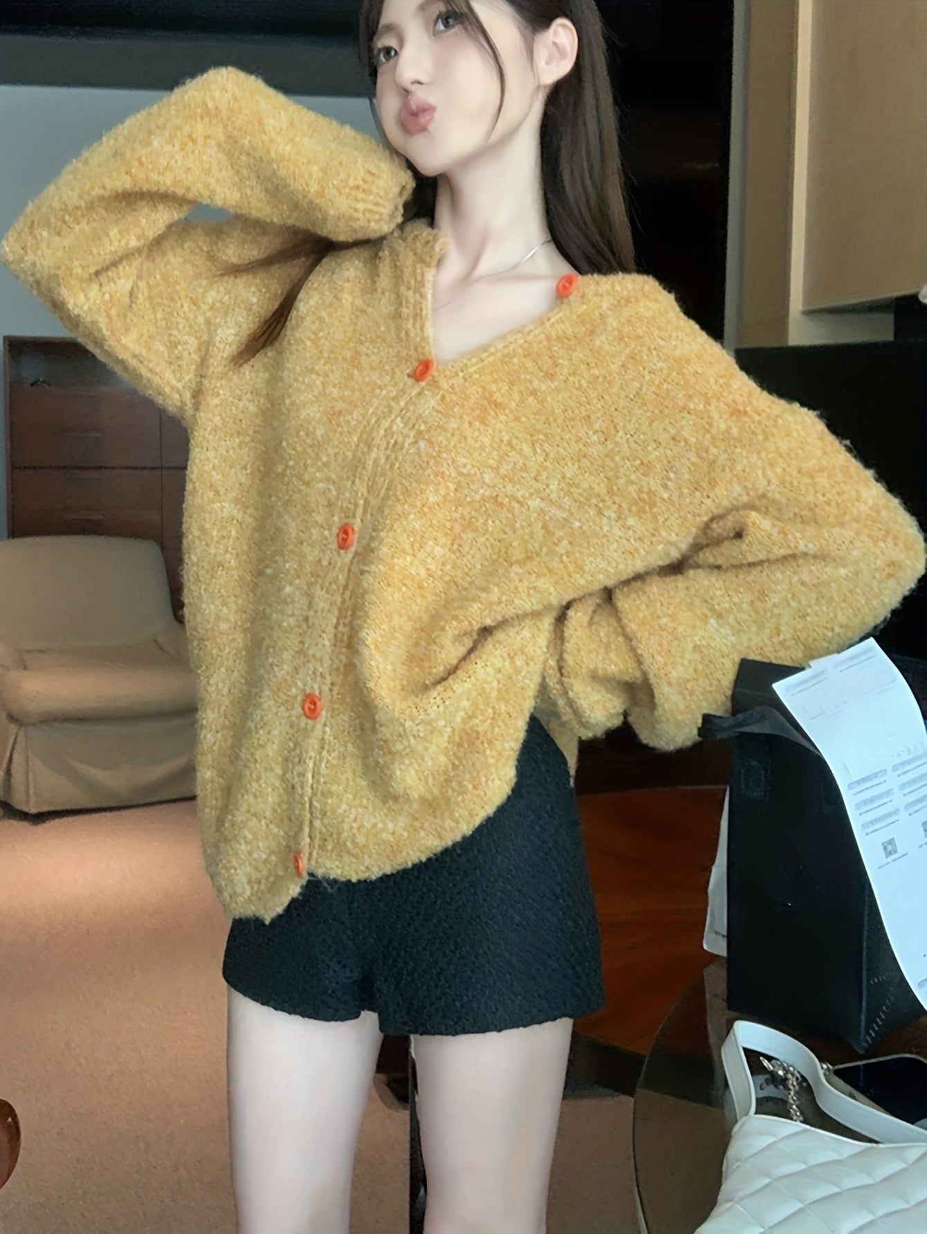 Sixsr Solid Button Down Knit Cardigan, Casual Long Sleeve Loose Slouchy Sweater, Women's Clothing