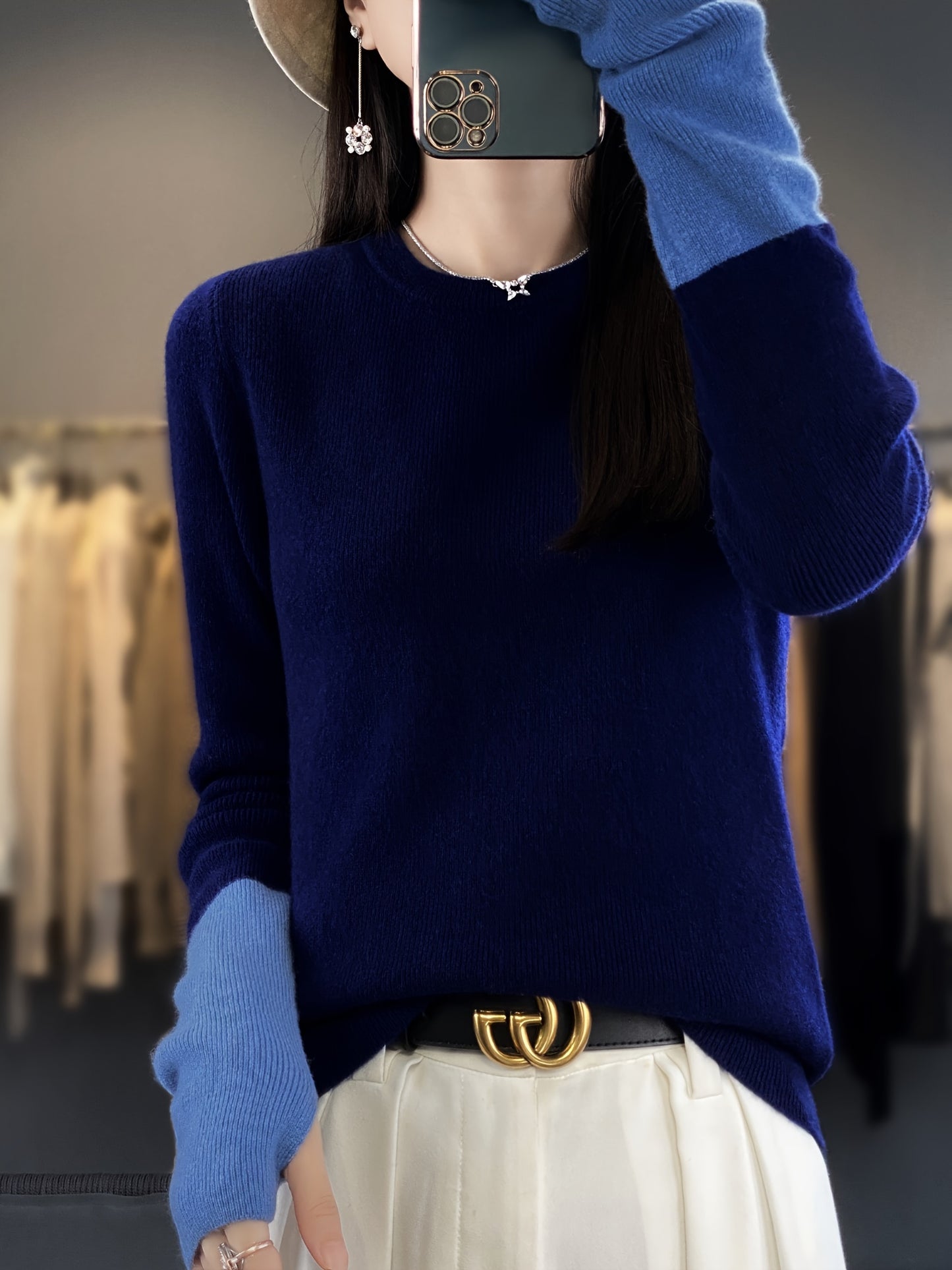 Sixsr Color Block Crew Neck Pullover Sweater, Elegant Long Sleeve Slim Sweater, Women's Clothing