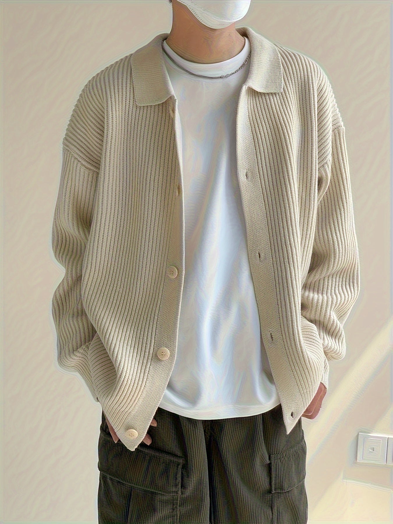 Sixsr Men's Stylish Solid Loose Knitted Cardigan, Casual Medium Stretch Breathable Long Sleeve Button Up Top For City Walk Street Hanging Outdoor Activities