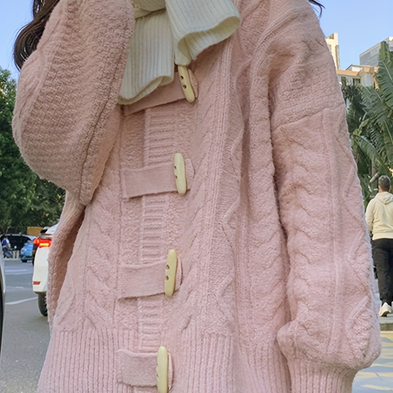 Sixsr Twist Pattern Button Up Hooded Cardigan, Casual Long Sleeve Cardigan For Fall & Winter, Women's Clothing