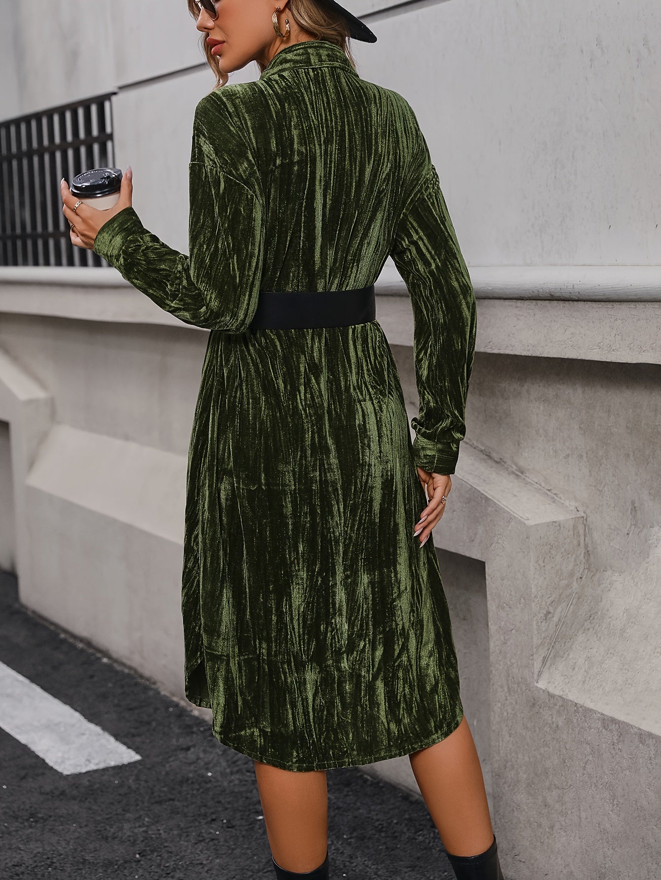 Sixsr Button Front Solid Dress, Elegant Long Sleeve Midi Dress, Women's Clothing