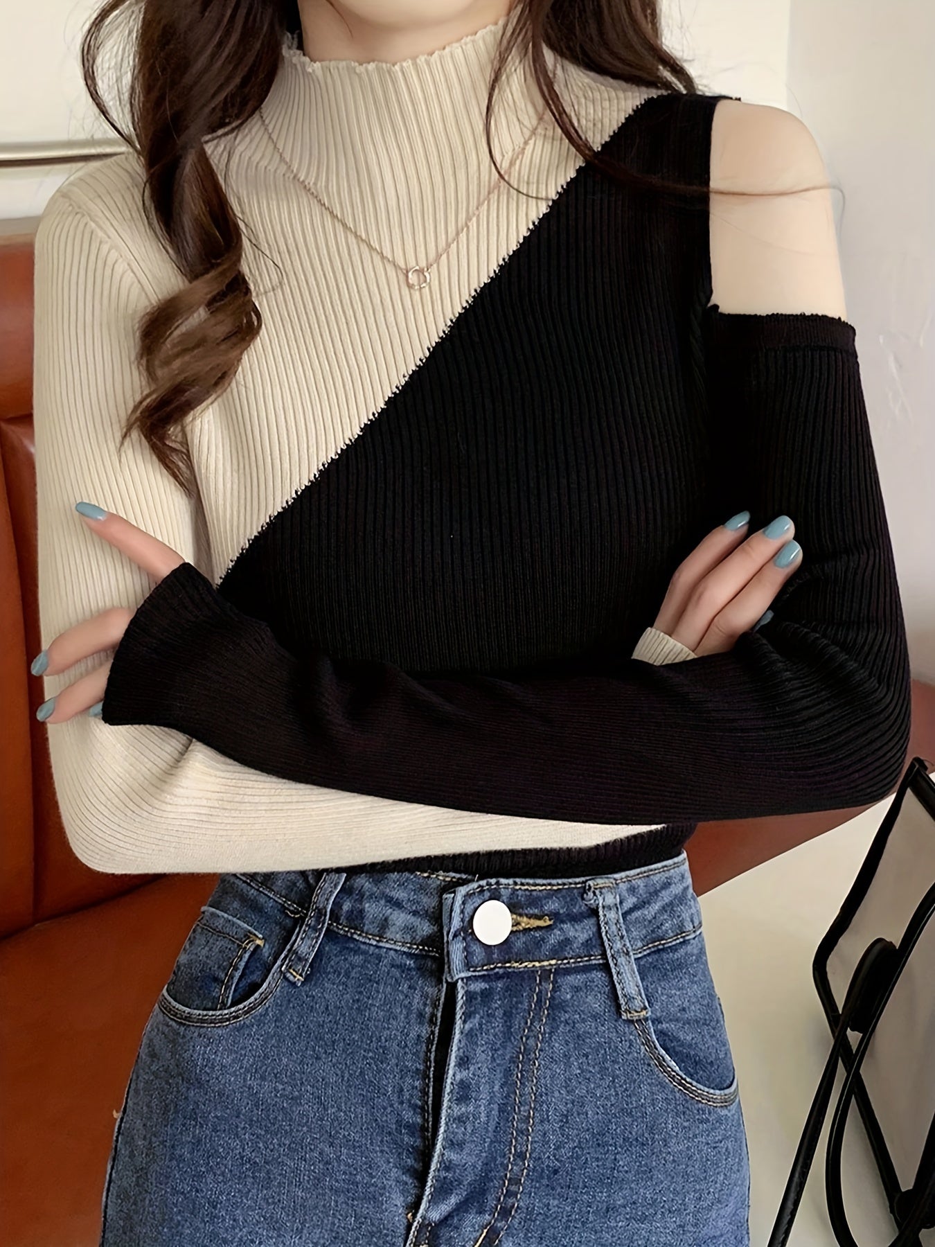 Sixsr Color Block Pullover Sweater, Casual Cold Shoulder Mock Neck Long Sleeve Top, Women's Clothing