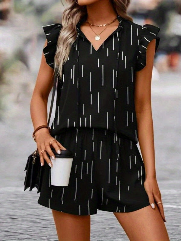 two-piece Women's Striped Print Casual Set - Tied Neck Flutter Sleeve Top & Elastic Waist Shorts Outfit for Comfortable and Stylish Look