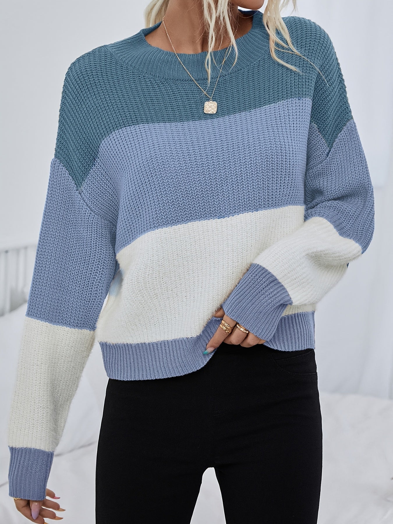 Sixsr Color Block Crew Neck Pullover Sweater, Casual Long Sleeve Drop Shoulder Sweater, Women's Clothing