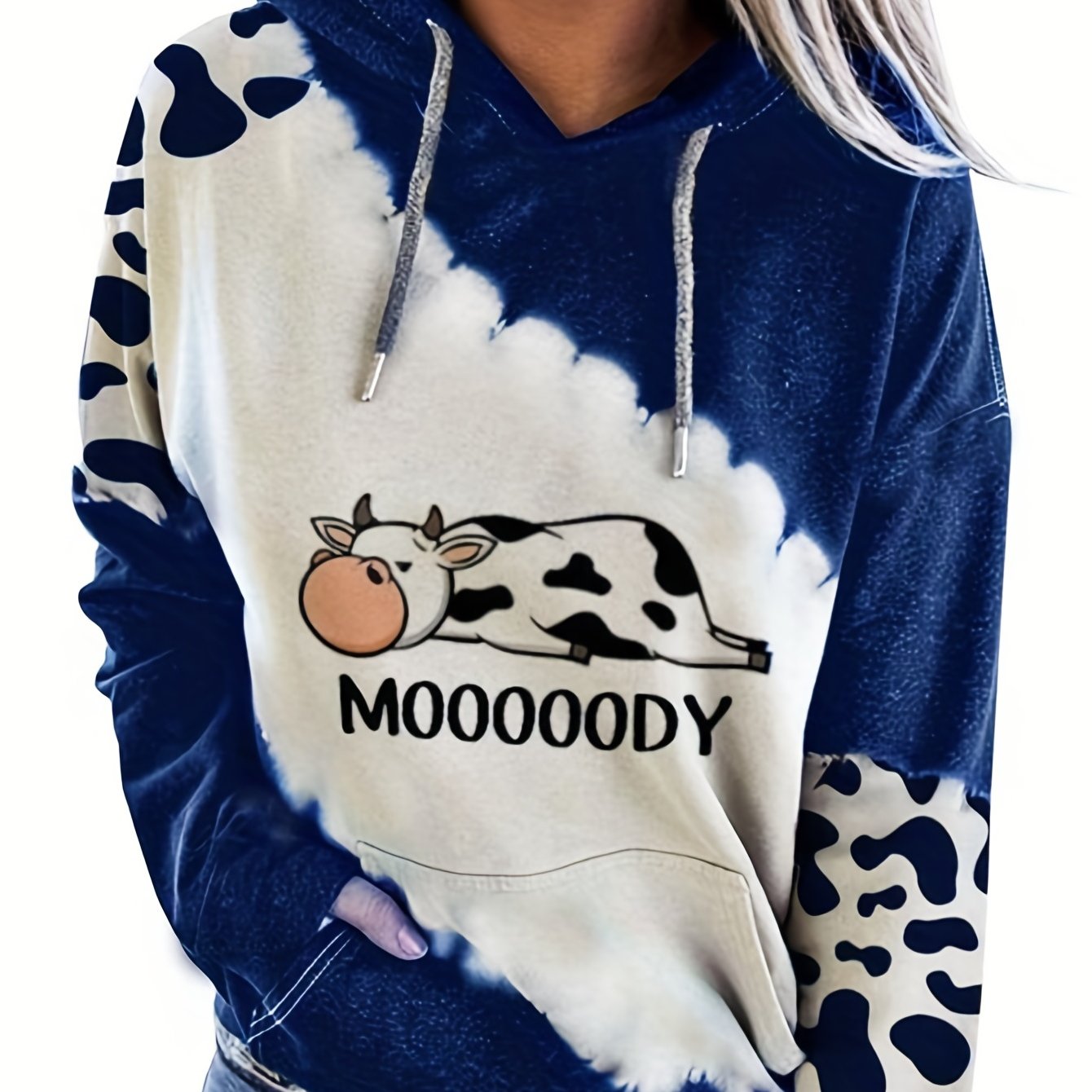 Sixsr Cow & Letter Print Hoodies, Casual Drawstring Kangaroo Pocket Sweatshirt, Women's Clothing