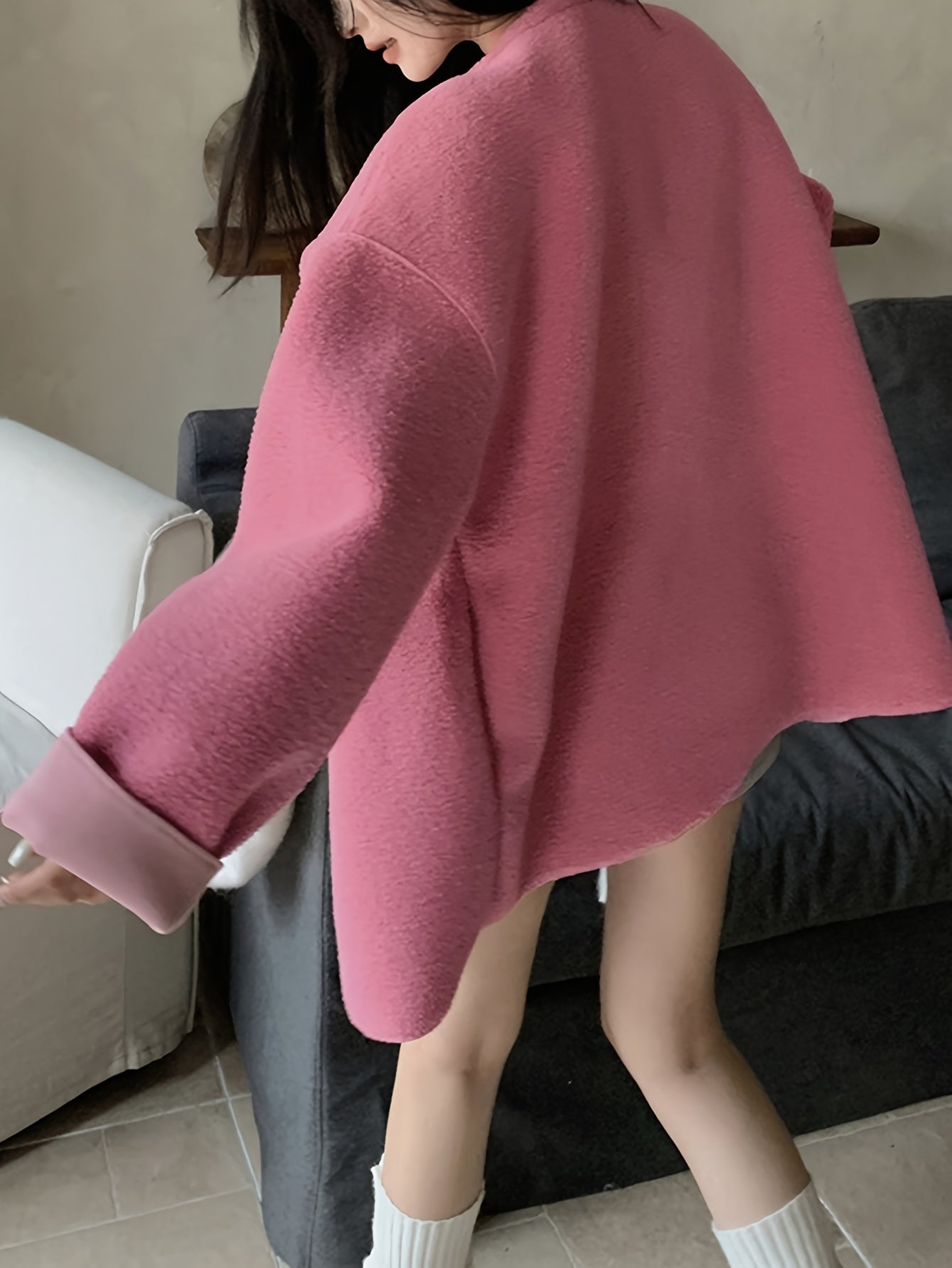 Sixsr Button Front Fuzzy Jacket, Elegant Long Sleeve Drop Shoulder Coat For Fall & Winter, Women's Clothing