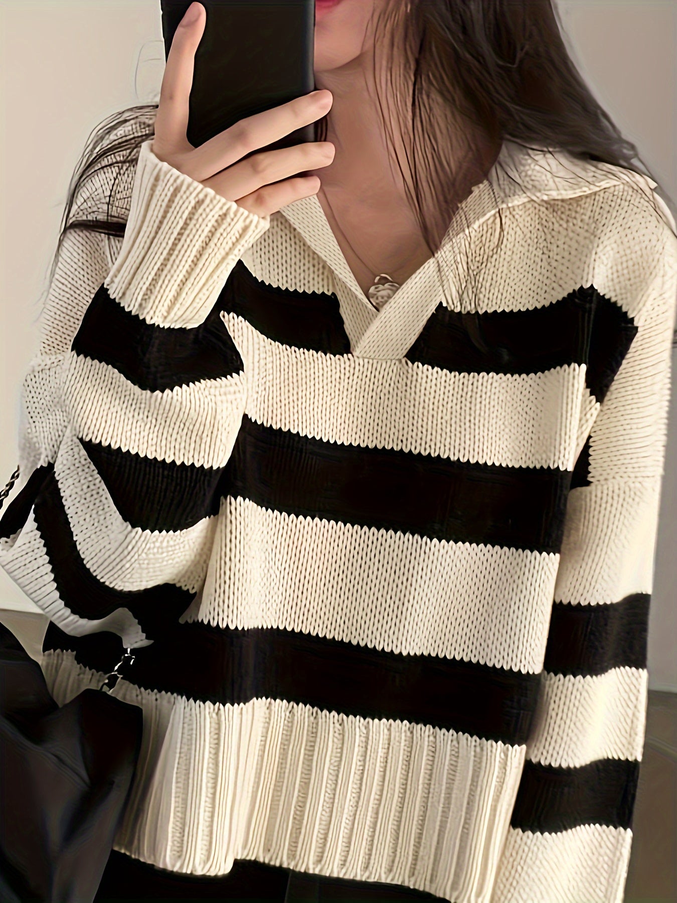 Sixsr Striped Turndown Collar Pullover Sweater, Casual Long Sleeve Loose Sweater, Women's Clothing