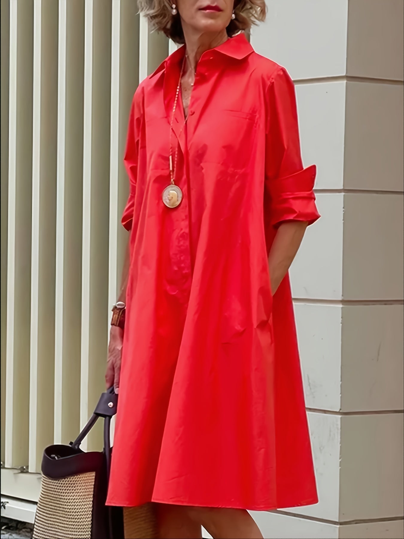 Sixsr Casual Solid Pocket Dress, Long Sleeves V-neck Simple Mid-length Fashion Commuter Dresses, Women's Clothing