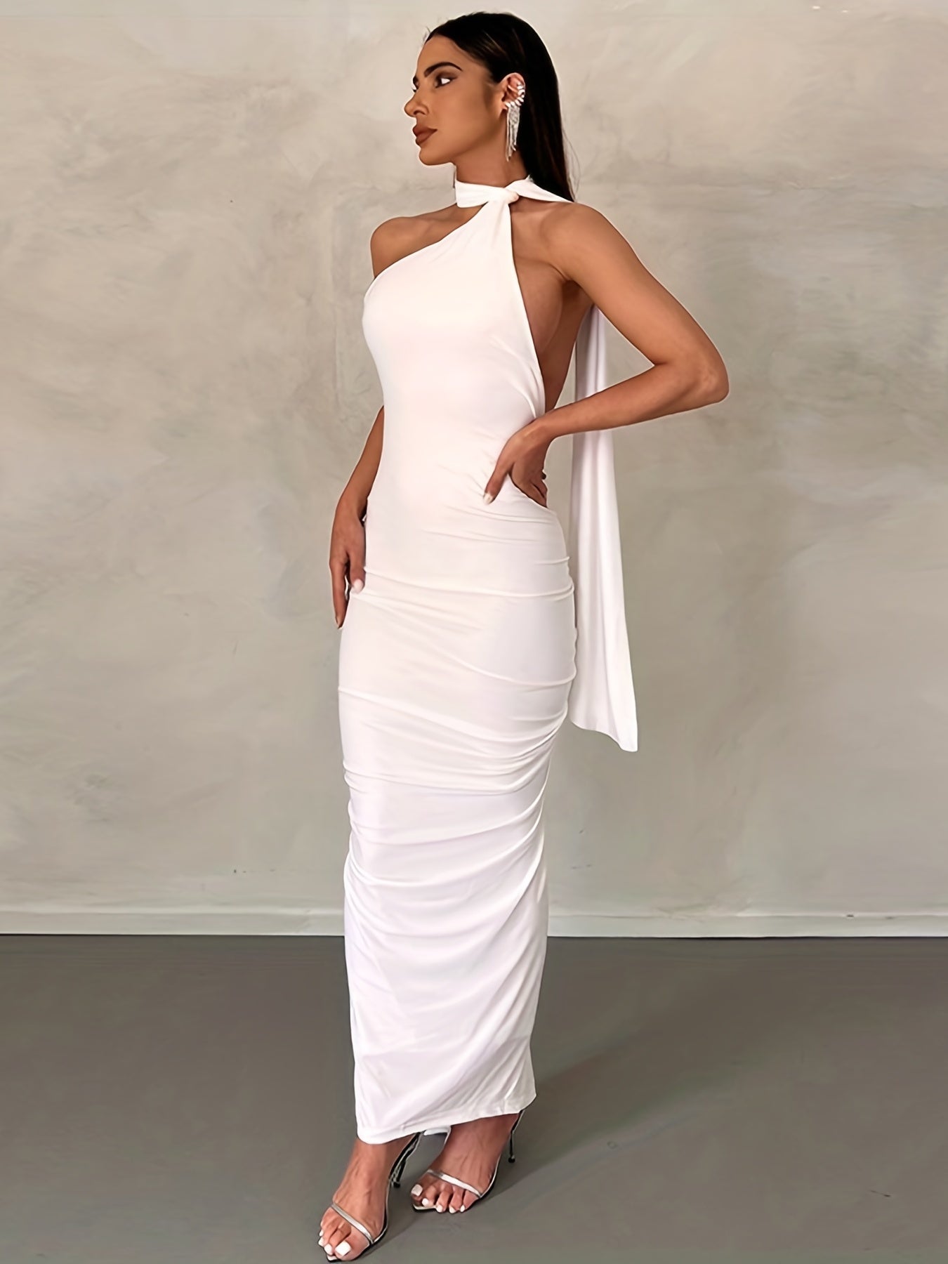Sixsr Solid Halter Neck Dress, Sexy Backless Bodycon Ruched Sleeveless Dress, Women's Clothing