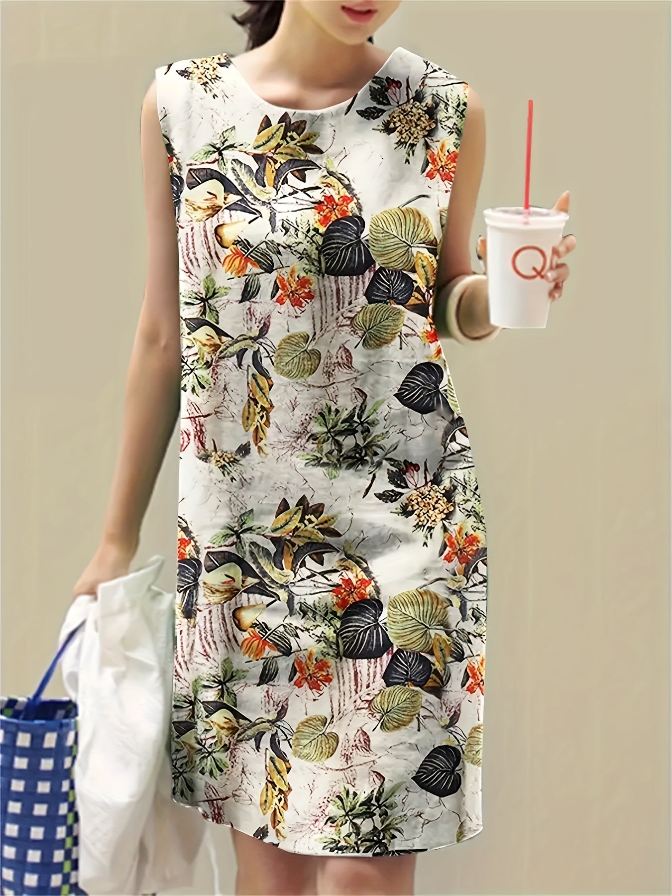 Leaves Print Crew Neck Tank Dress, Vintage Sleeveless Dress For Spring & Summer, Women's Clothing