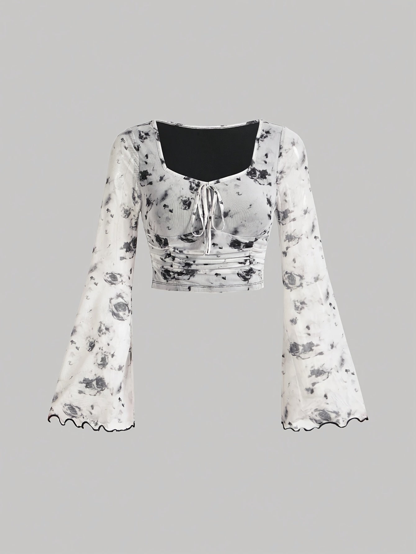 Sixsr Tie Dye Print Tie Front Ruched T-Shirt, Casual Long Flare Sleeve Top For Spring & Fall, Women's Clothing