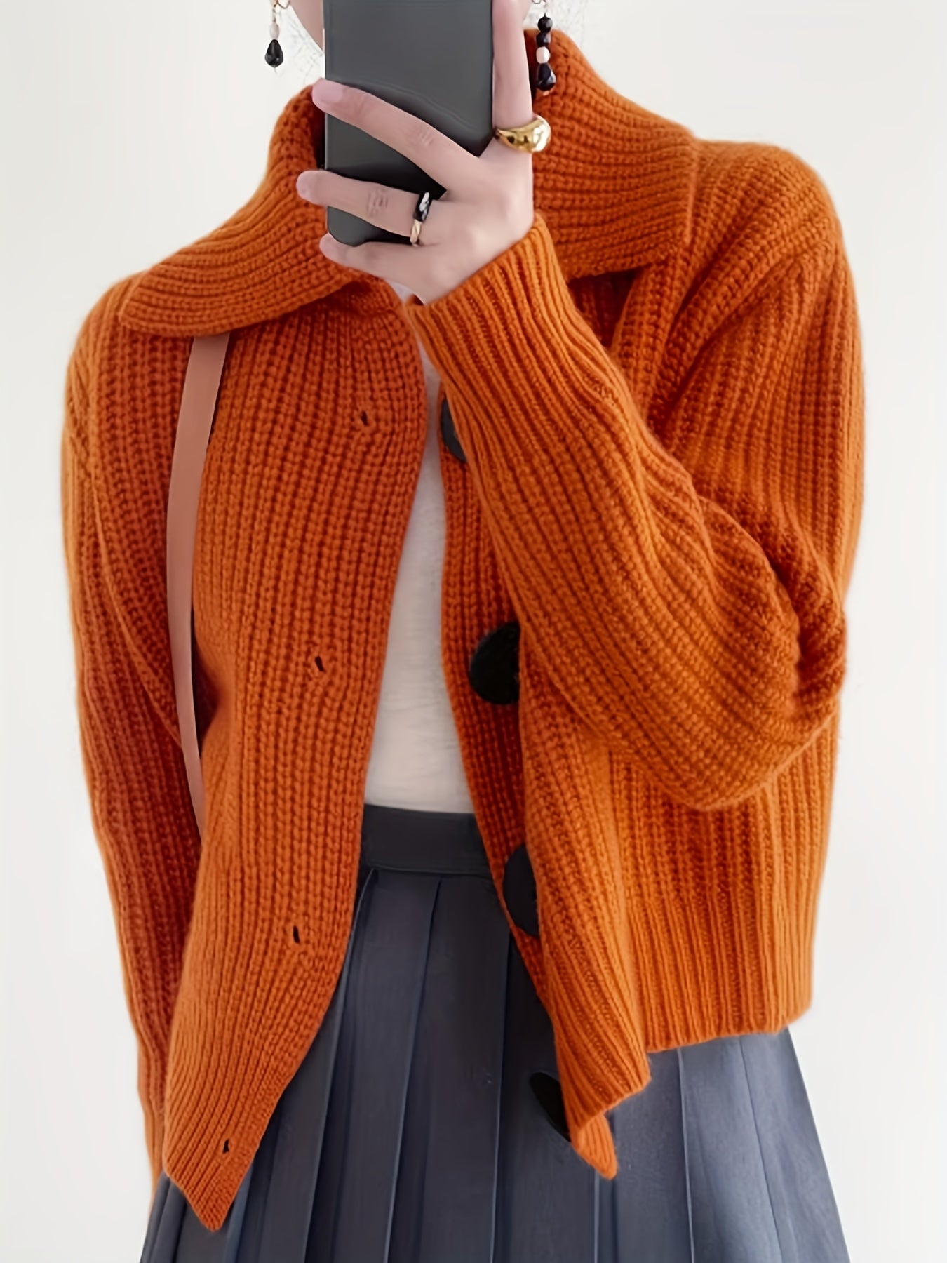 Sixsr Solid Button Down Knit Cardigan, Vintage Turndown Collar Long Sleeve Sweater, Women's Clothing