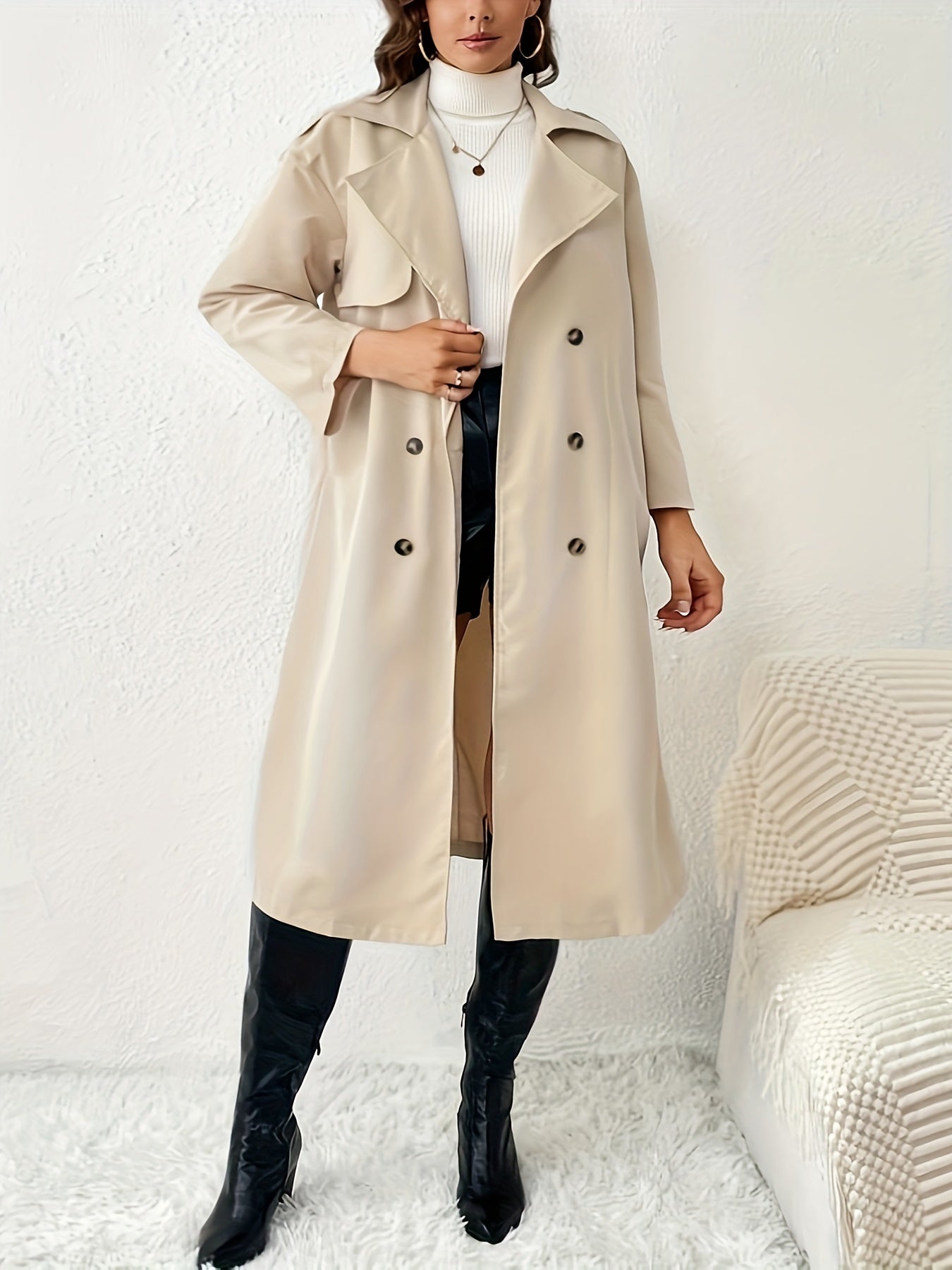 Sixsr Plus Size Casual Trench Coat, Women's Plus Long Sleeve Lapel Collar Double Breasted Trench Coat