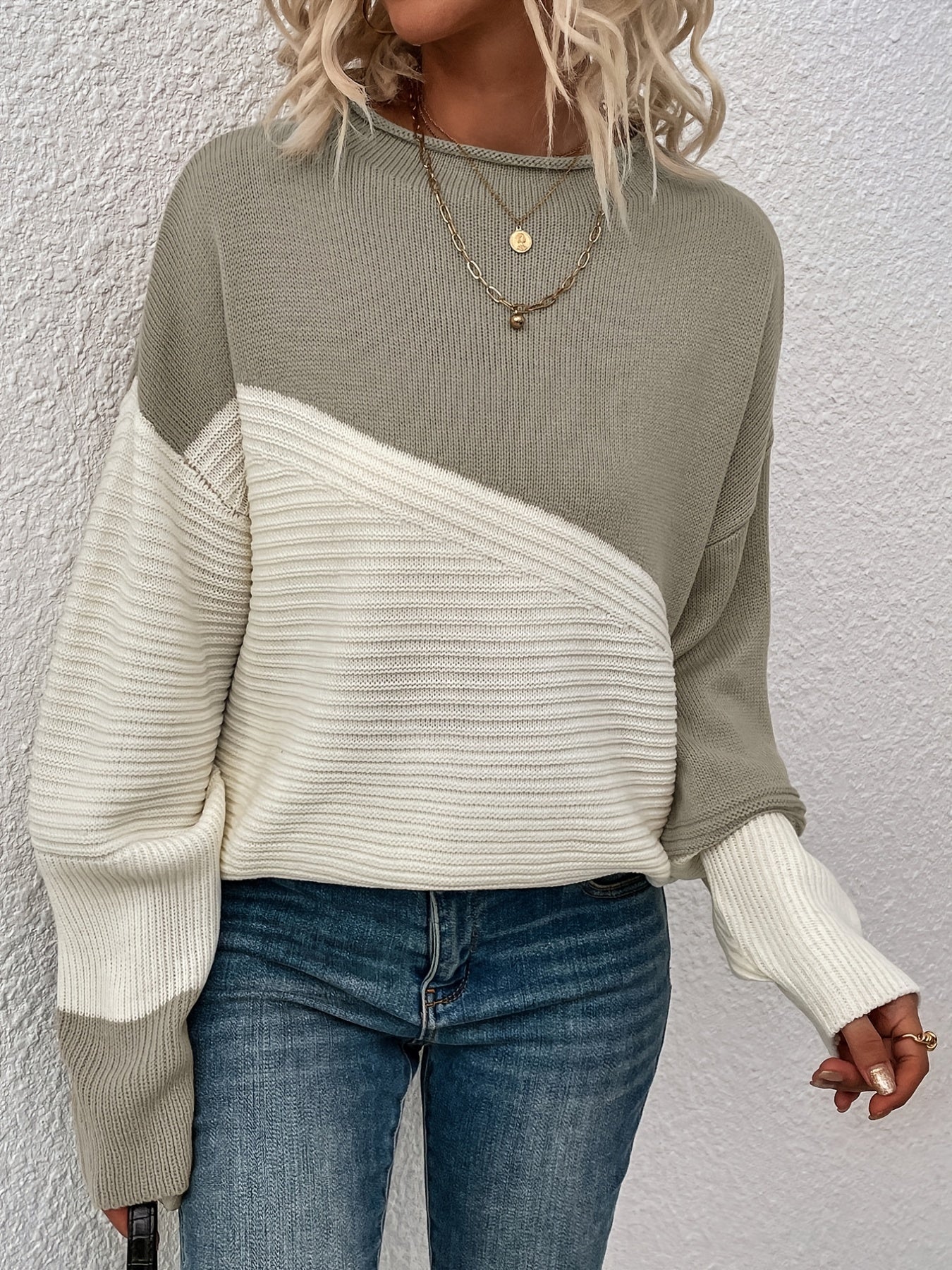 Sixsr Color Block Loose Pullover Sweater, Elegant Long Sleeve Drop Shoulder Sweater, Women's Clothing