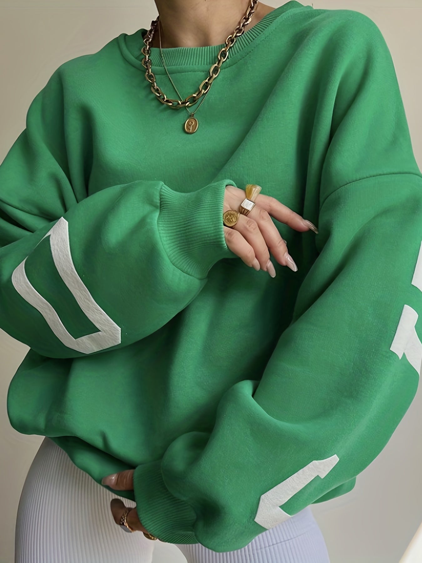 Sixsr Women Oversized Thermal Letter Graphic Print Sweatshirt Aesthetic Crew Neck Long Sleeve Drop Shoulder Pullover