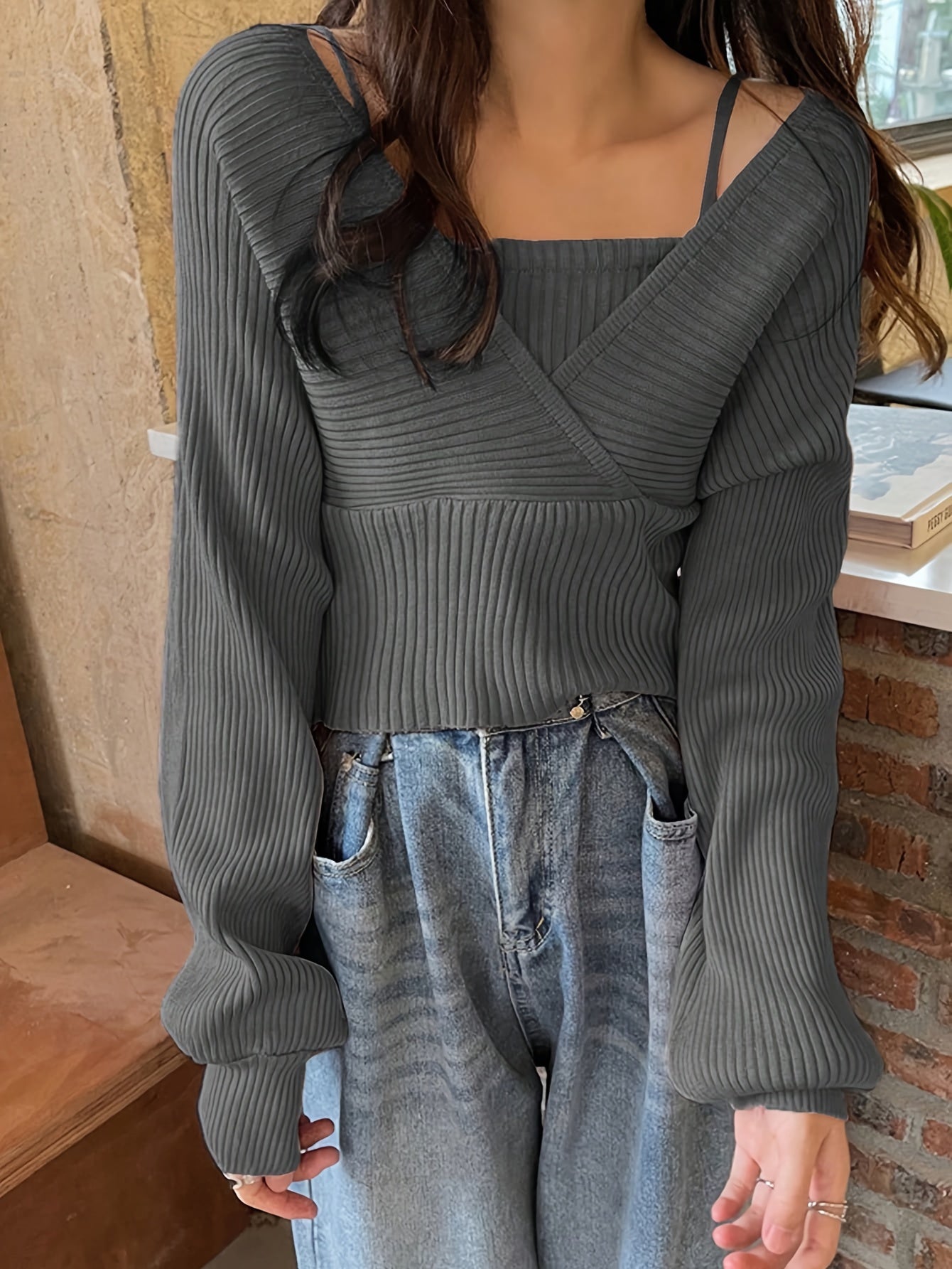 Sixsr Solid Color Faux Twinset Sweater, Chic Long Sleeve Crop Tied Sweater For Fall & Winter, Women's Clothing