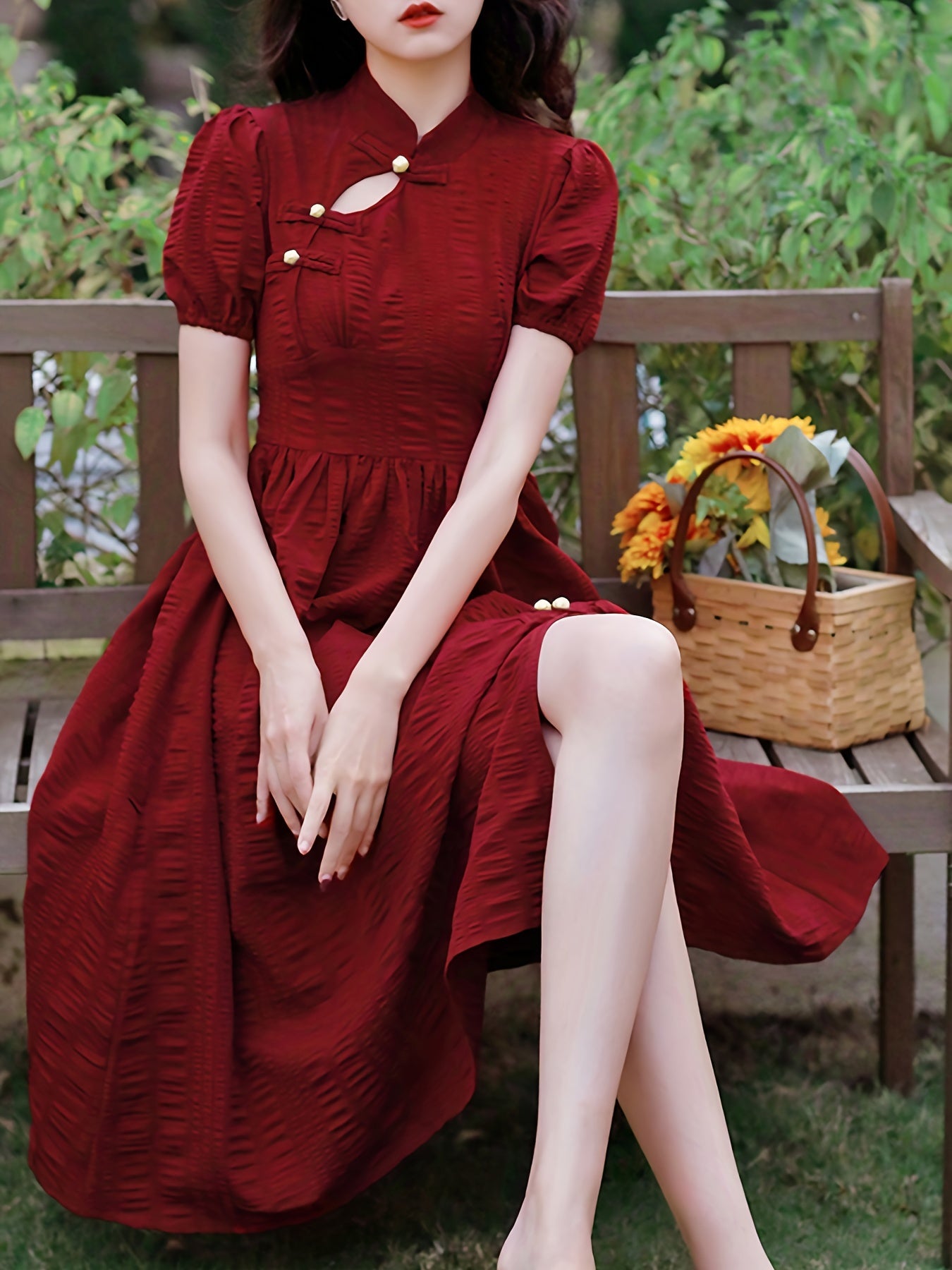 Sixsr Ruched Split Dress, Elegant Solid Puff Sleeve Midi Dress, Women's Clothing