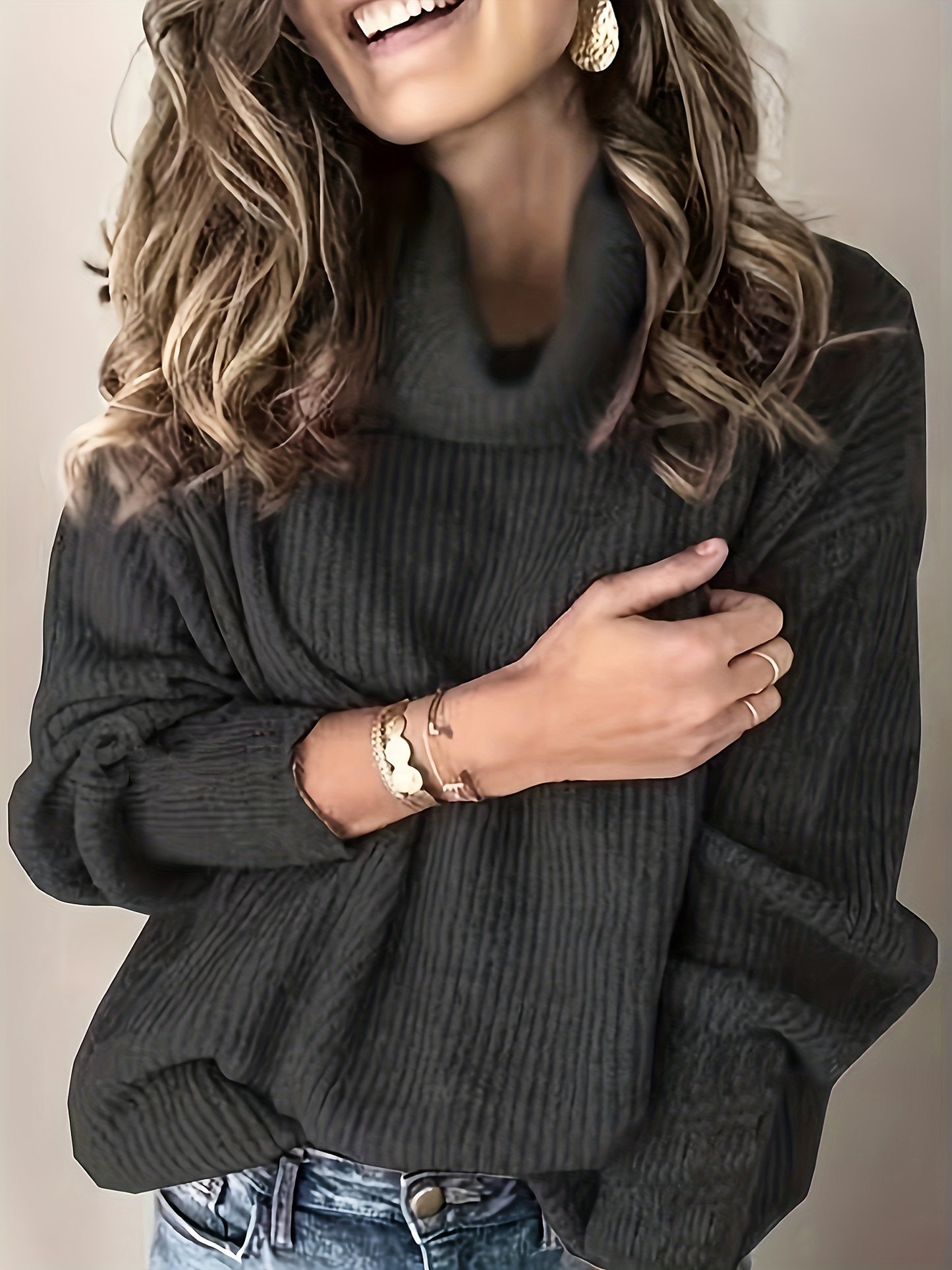 Sixsr Plus Size Casual Sweater, Women's Plus Solid Ribbed Turtle Neck Long Sleeve Medium Stretch Sweater
