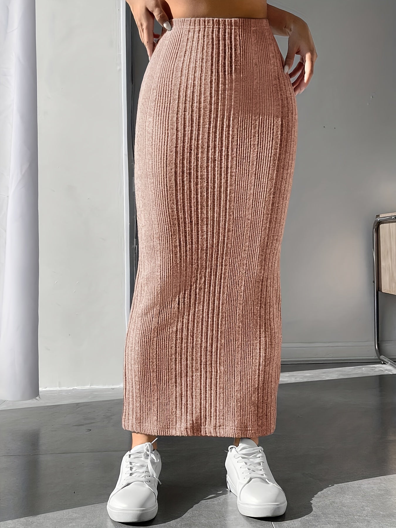 Sixsr Solid Ribbed High Waist Skirt, Casual Ankle Length Skirt For Spring & Fall, Women's Clothing