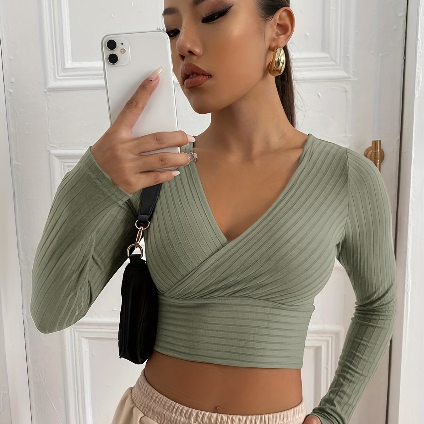 Sixsr Ribbed Solid Deep V Neck Long Sleeve Cross Wrap Crop Tops , Women's Clothings
