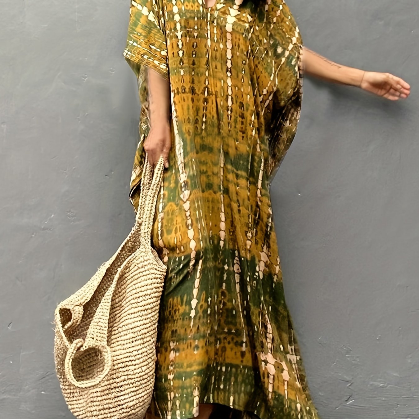 Sixsr V Neck Oversized Kaftan Dress, Bohemian Loose Beach Vacation Dress, Women's Clothing