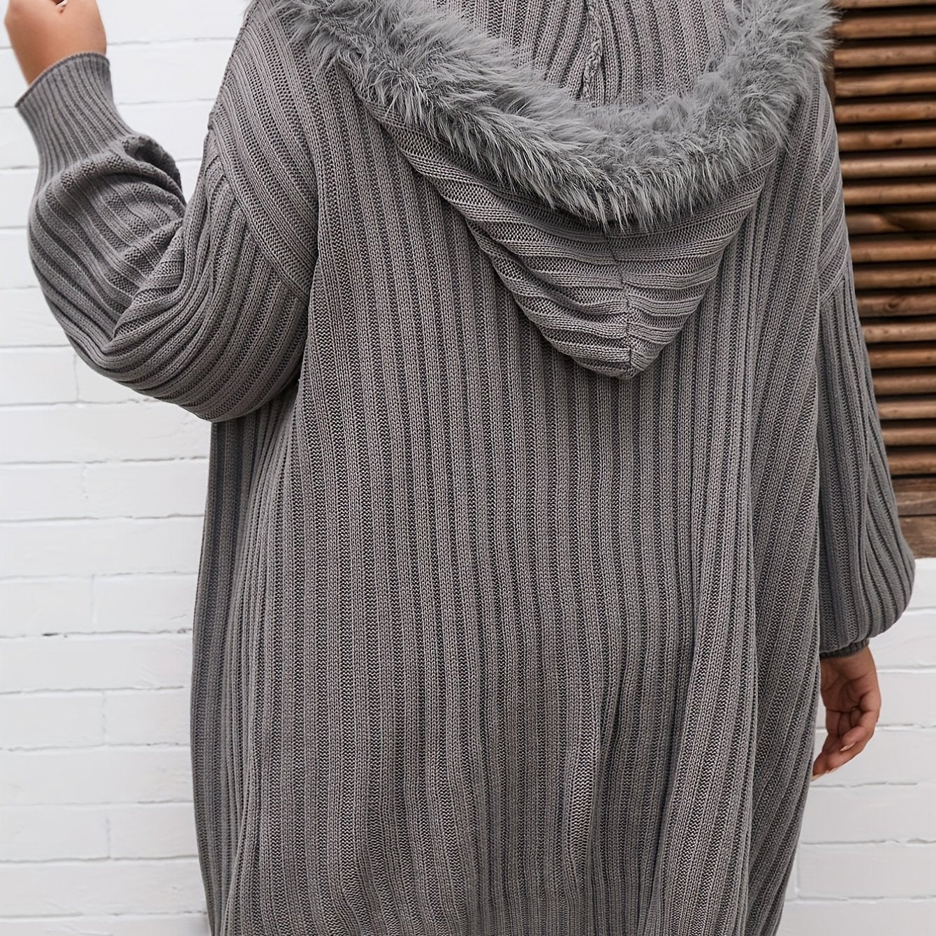Sixsr Solid Open Front Rib Knit Cardigan, Casual Hooded Long Sleeve Loose Sweater Coat, Women's Clothing