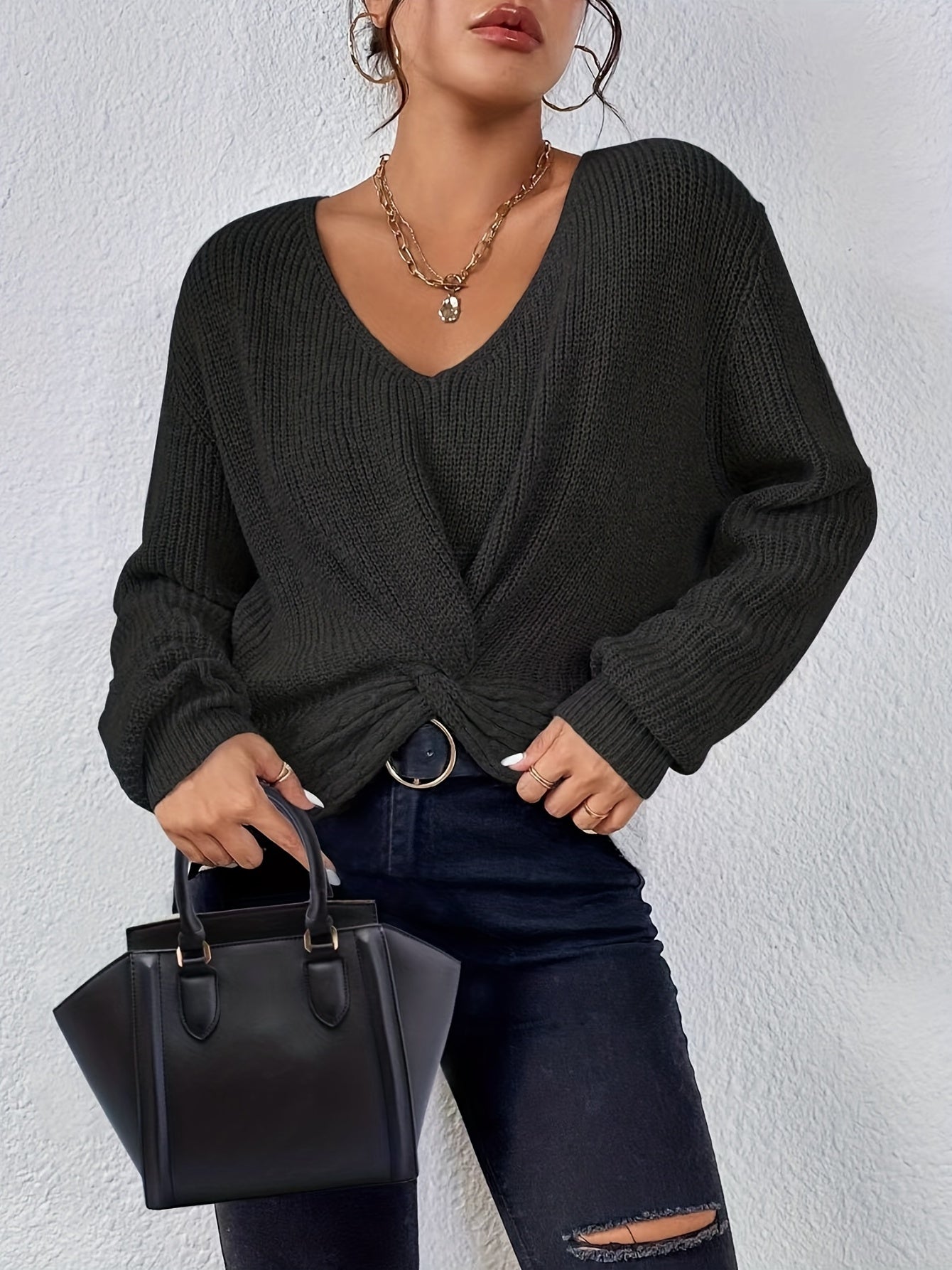 Sixsr Solid V Neck Twist Dipped Hem Pullover Sweater, Casual Long Sleeve Sweater For Spring & Fall, Women's Clothing