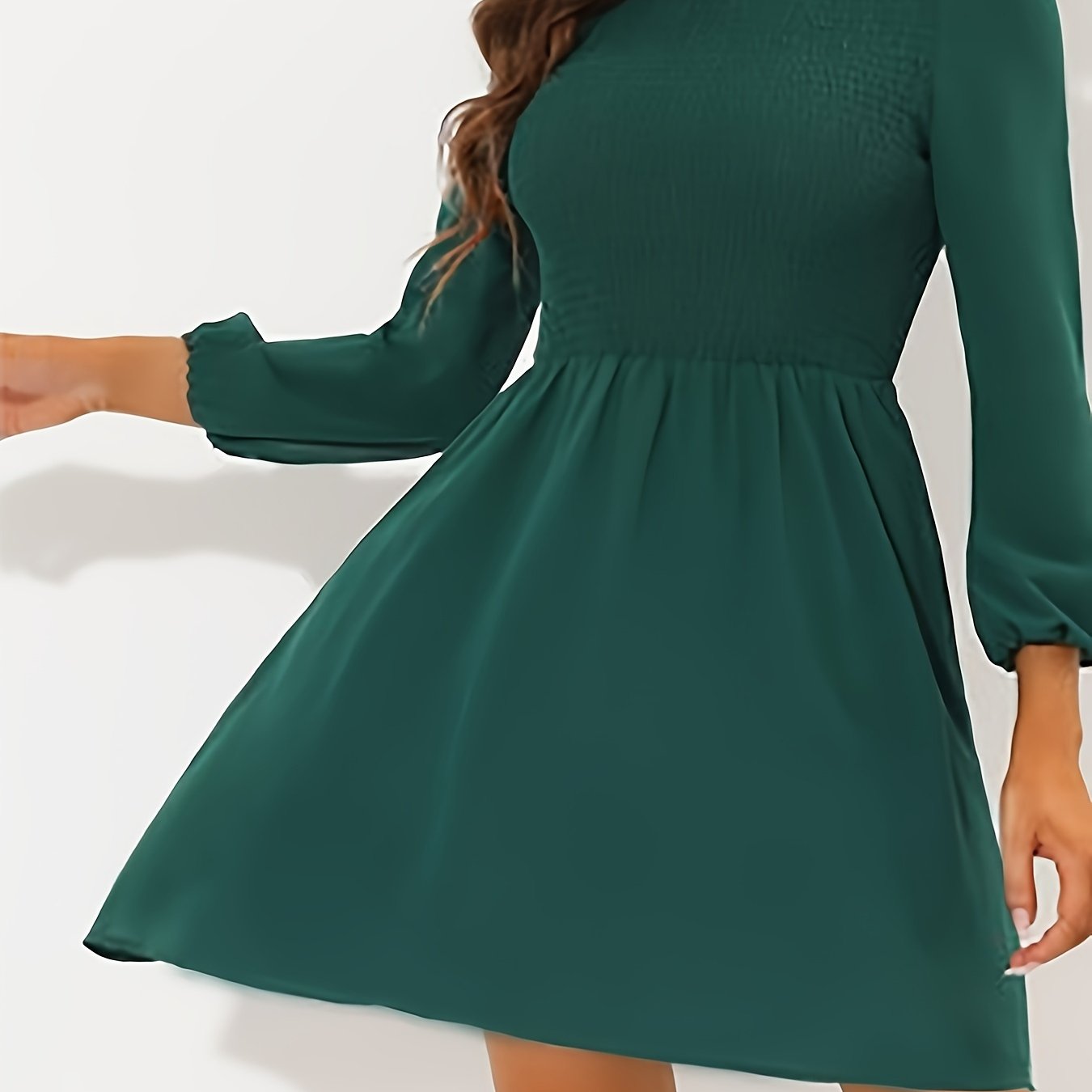 Sixsr Solid A-line Lantern Sleeve Dress, Casual Ruffle Trim Round Neck Dress For Spring & Fall, Women's Clothing