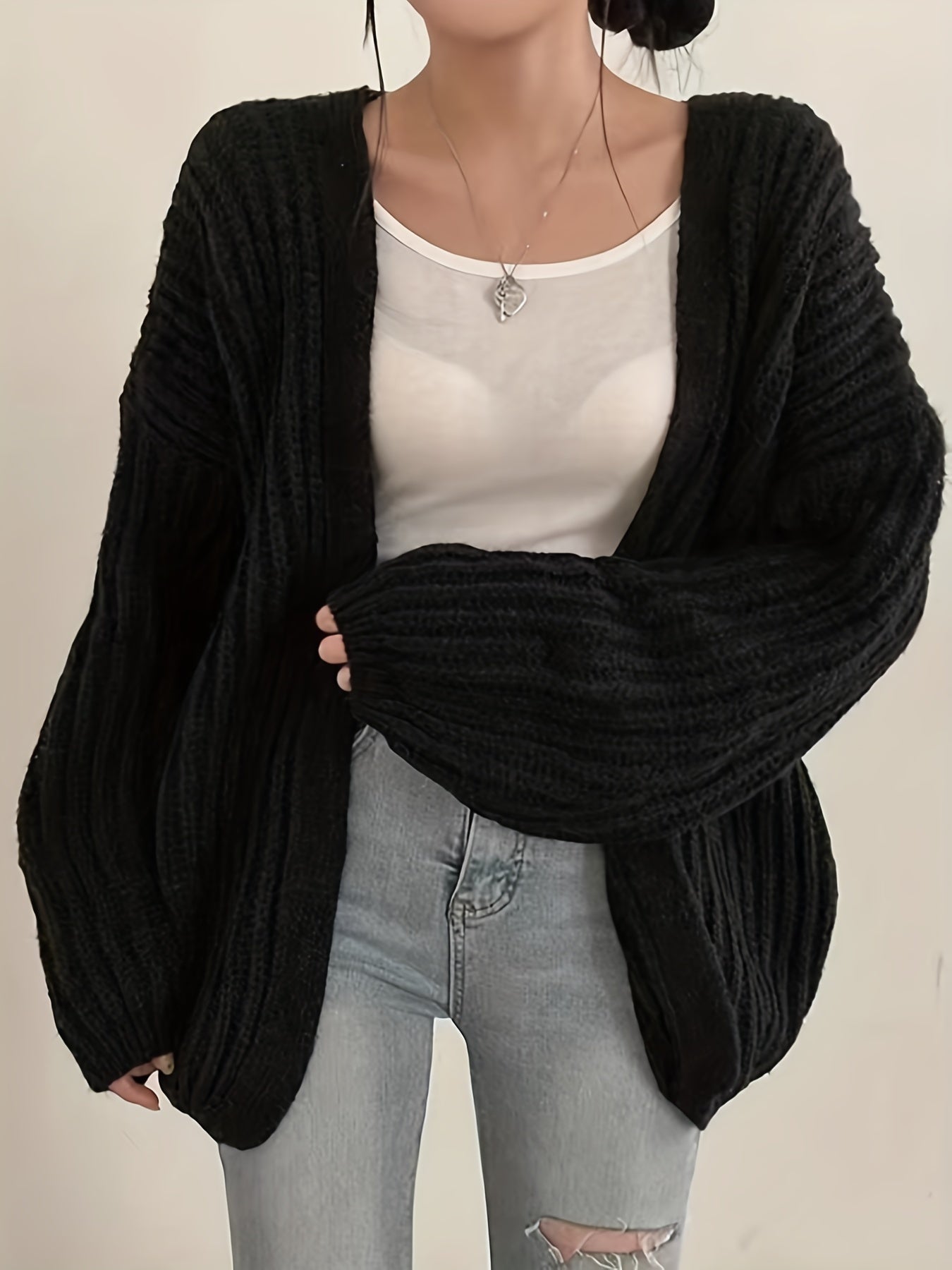 Sixsr Solid Ope Front Chunky Knit Cardigan, Casual Long Sleeve Loose Sweater, Women's Clothing