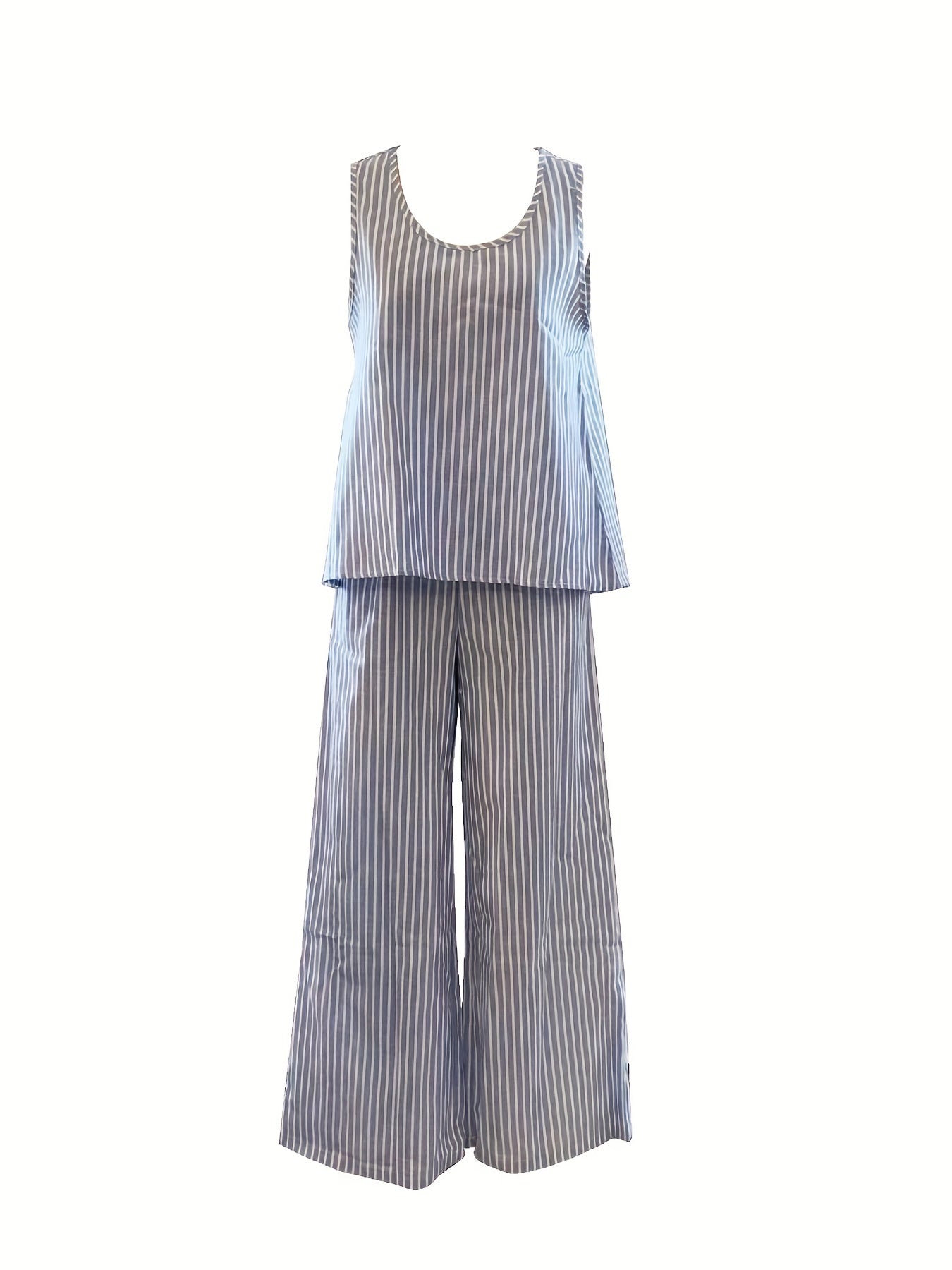 two-piece Stripe Print Matching Set - Casual Crew Neck Tank Top & Wide Leg Pants Outfit for Women - Comfortable and Stylish