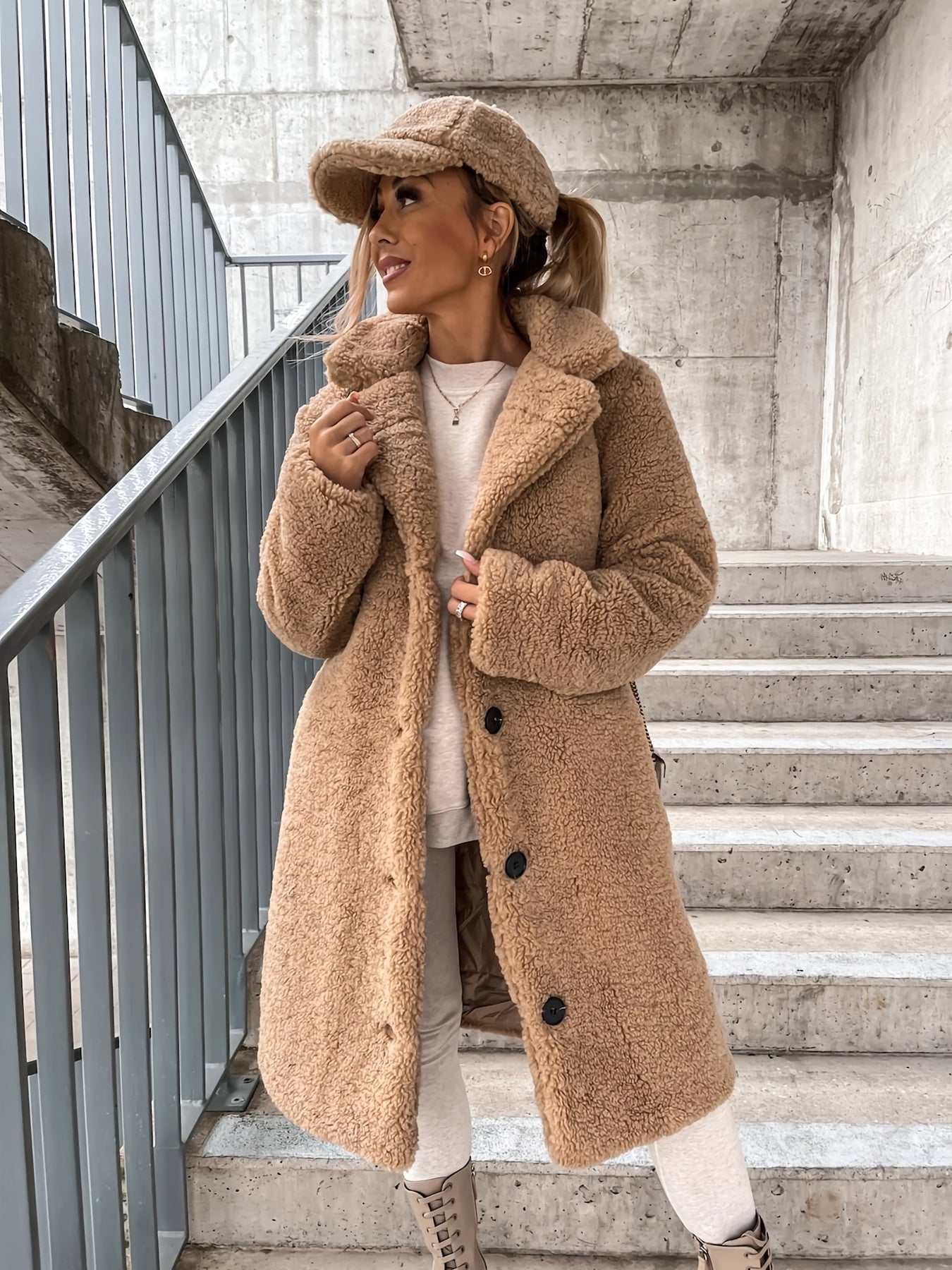 Sixsr Button Up Warm Long Coat, Long Sleeve Solid Outerwear For Winter & Fall, Women's Clothing