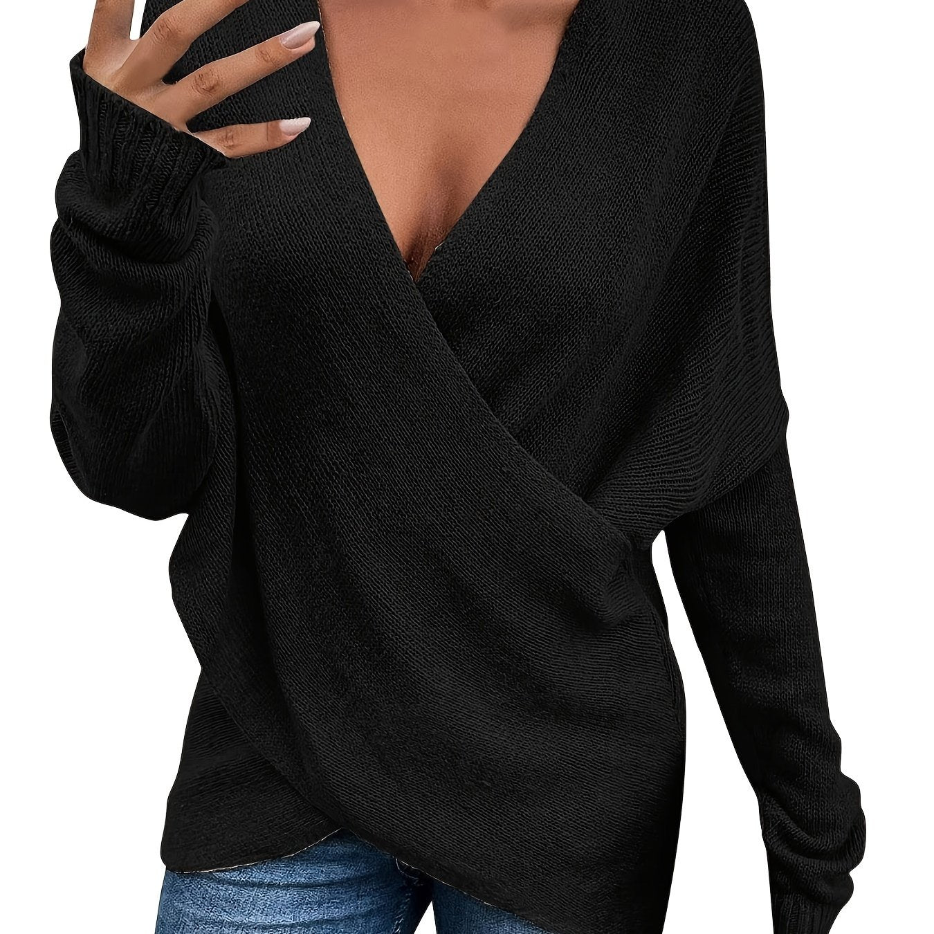 Sixsr Plus Size Twist Front Deep V Neck Irregular Hem Knit Tops, Women's Plus Slight Stretch Sexy Knit Tops