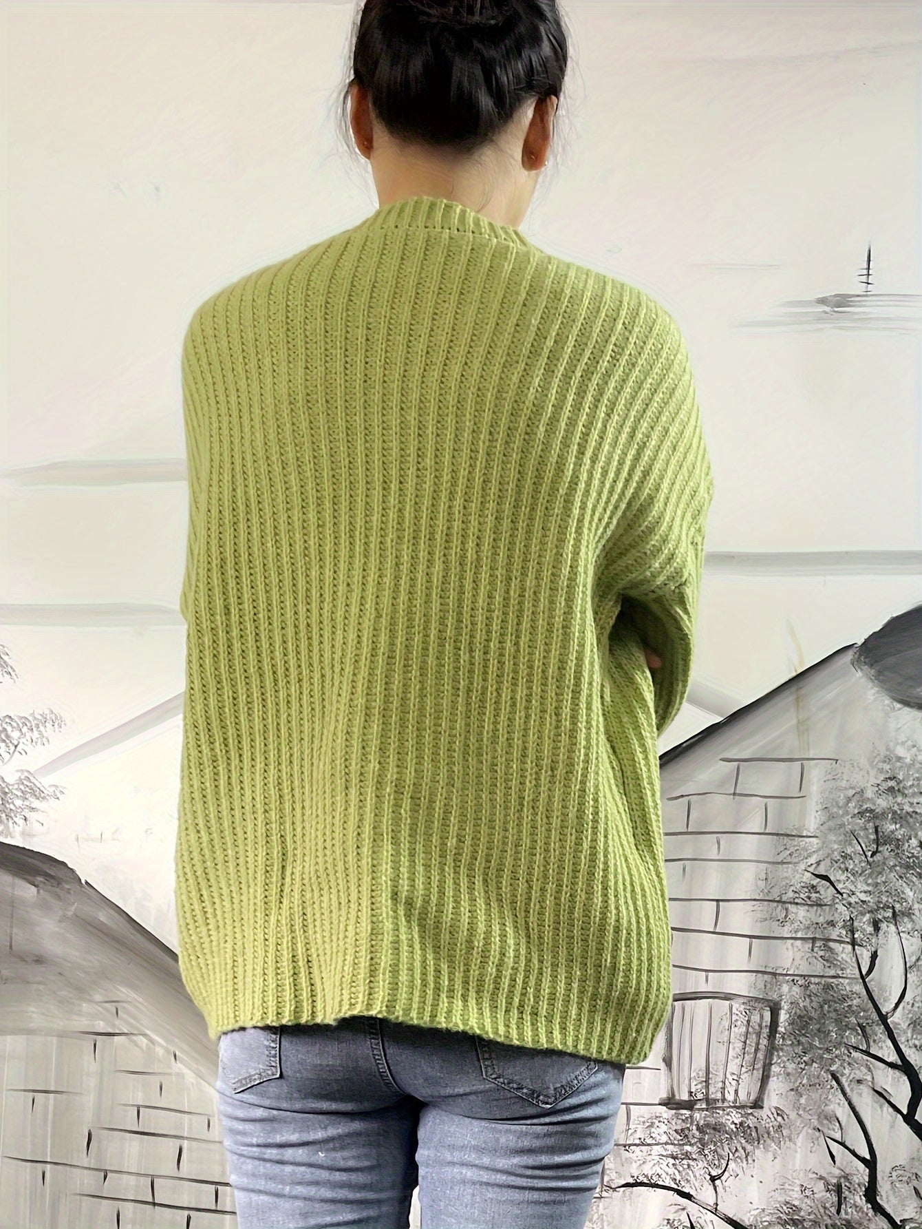 Sixsr Solid Crew Neck Rib Knit Sweater, Casual Long Sleeve Loose Pullover Sweater, Women's Clothing