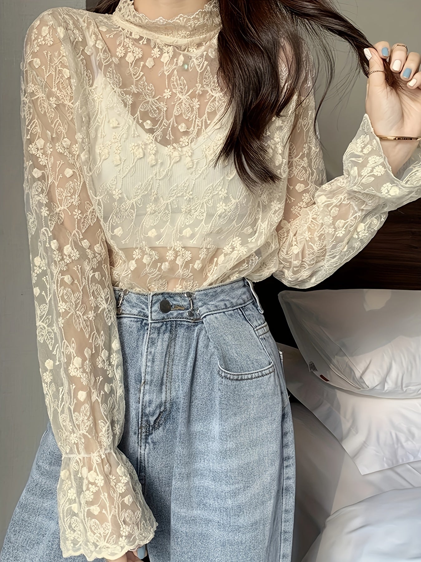 Sixsr Guipure Lace Overlay Flare Sleeve Blouse, Casual Mock Neck Long Sleeve Blouse, Women's Clothing