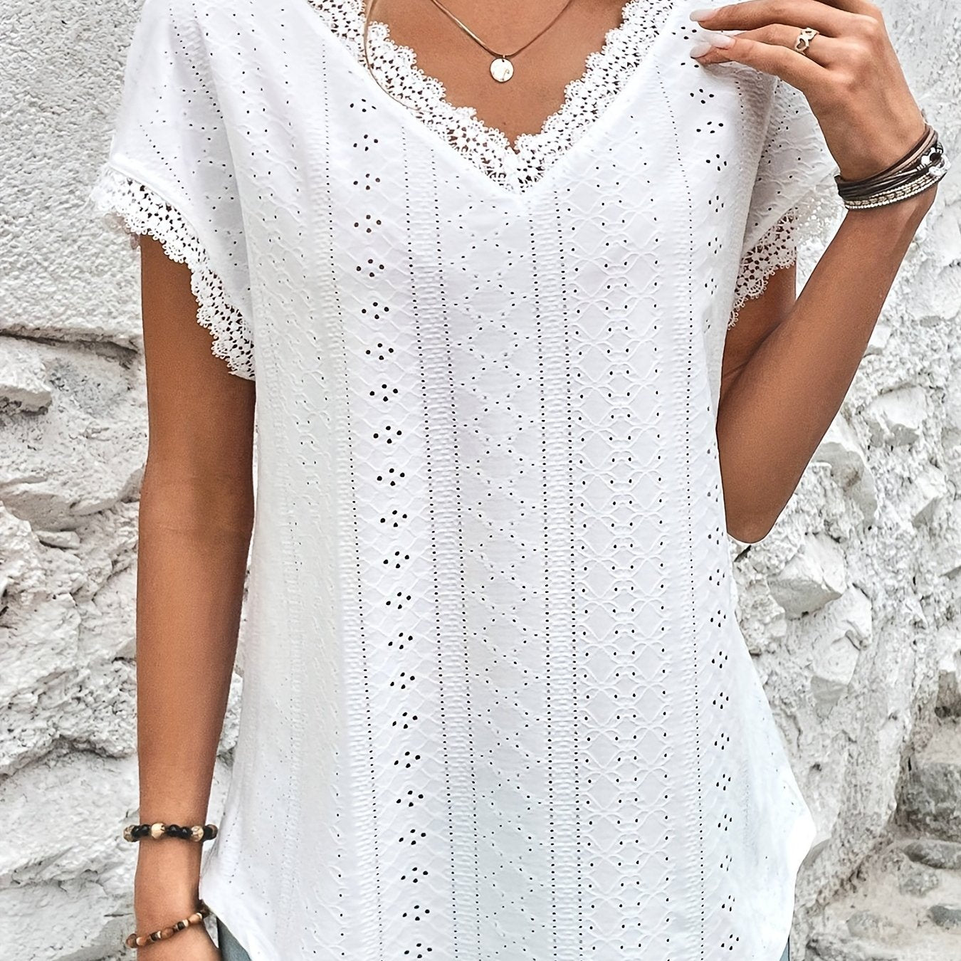 Sixsr Lace Trim Eyelet Blouse, V Neck Loose Casual Top For Spring & Summer, Women's Clothing
