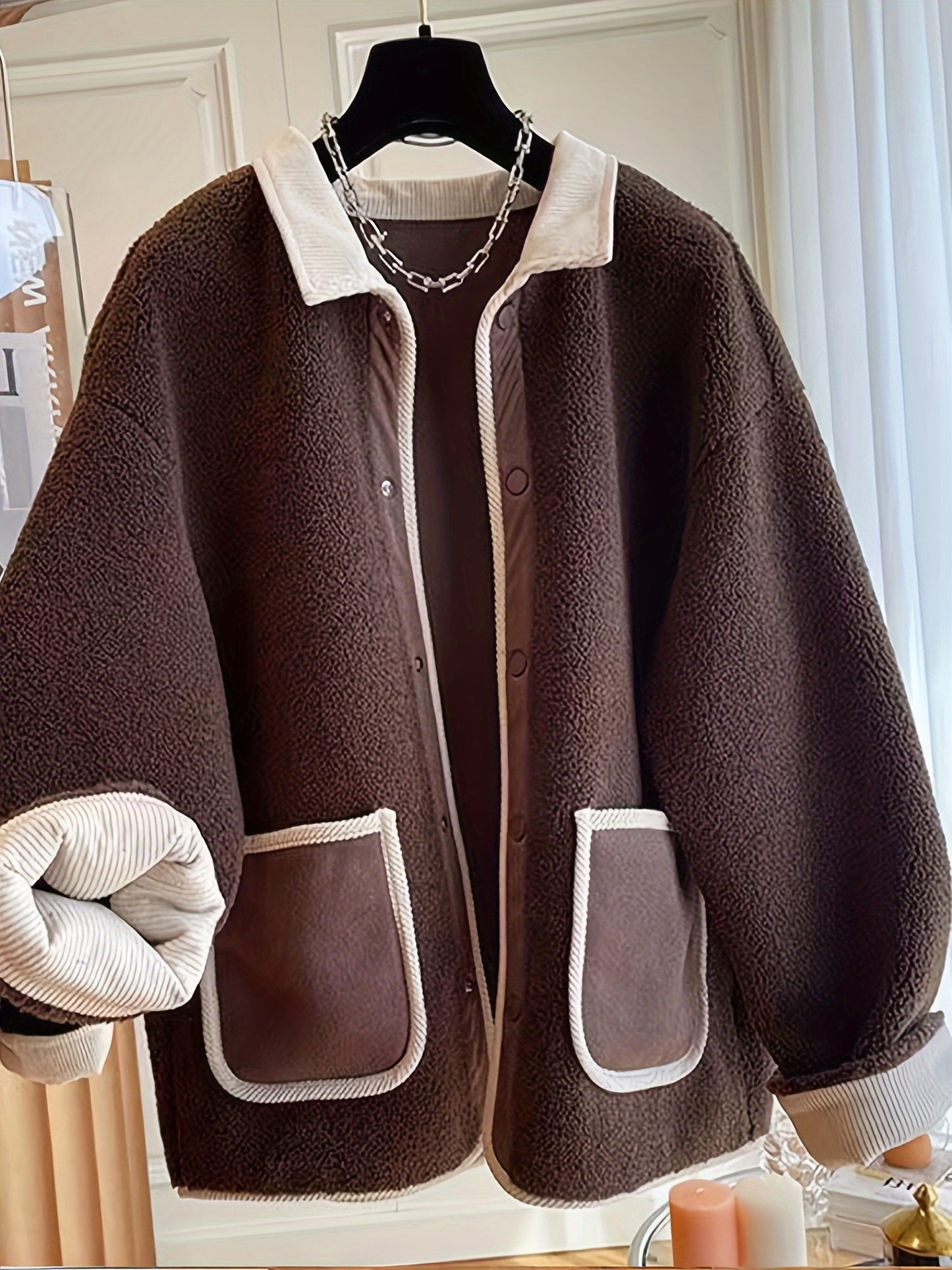 Sixsr Contrast Trim Patched Pockets Outwear, Versatile Long Sleeve Button Front Coat For Fall & Winter, Women's Clothing