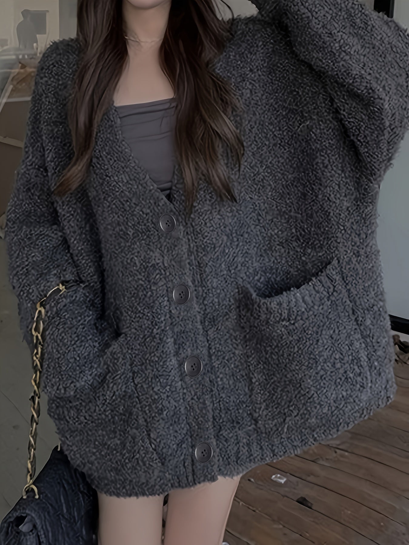 Sixsr Solid Open Front Loose Knitted Sweater, Elegant V Neck Button Front Long Sleeve Coat For Every Day, Women's Clothing