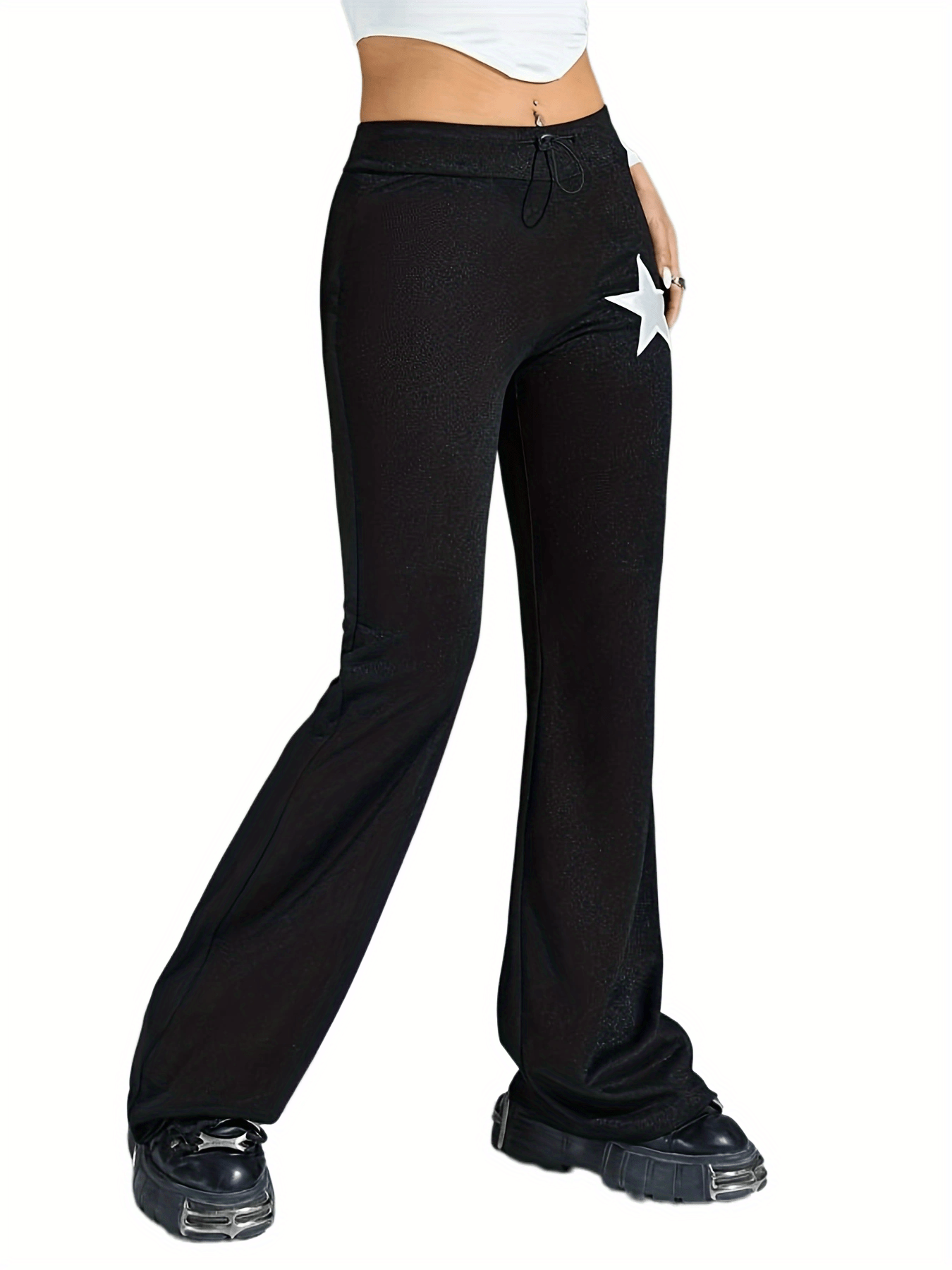 Sixsr Plus Size Casual Pants, Women's Plus Star Print Skinny Medium Stretch Flared Leg Pants