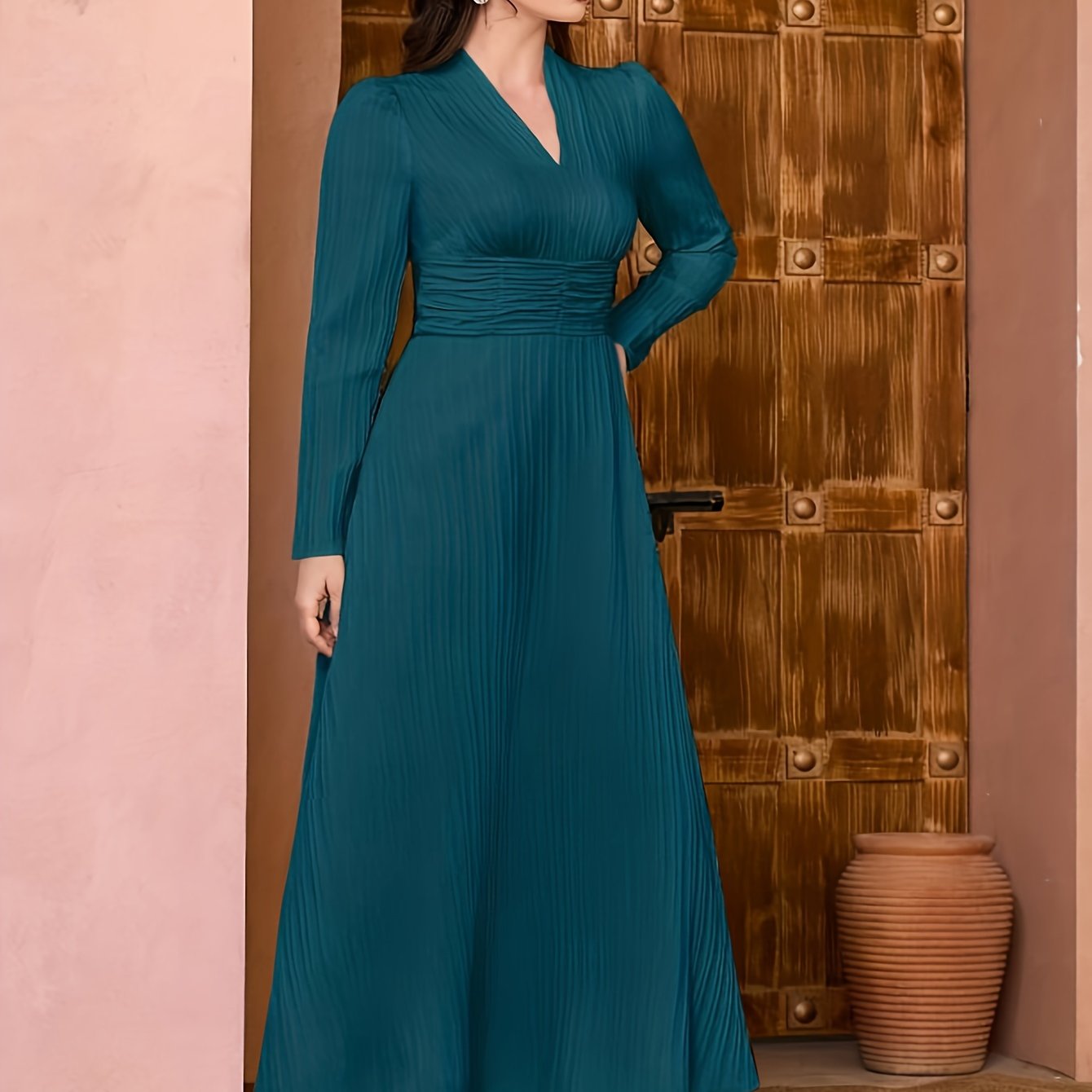 Sixsr Solid V Neck Dress, Elegant Long Sleeve Shirred Waist Dress, Women's Clothing