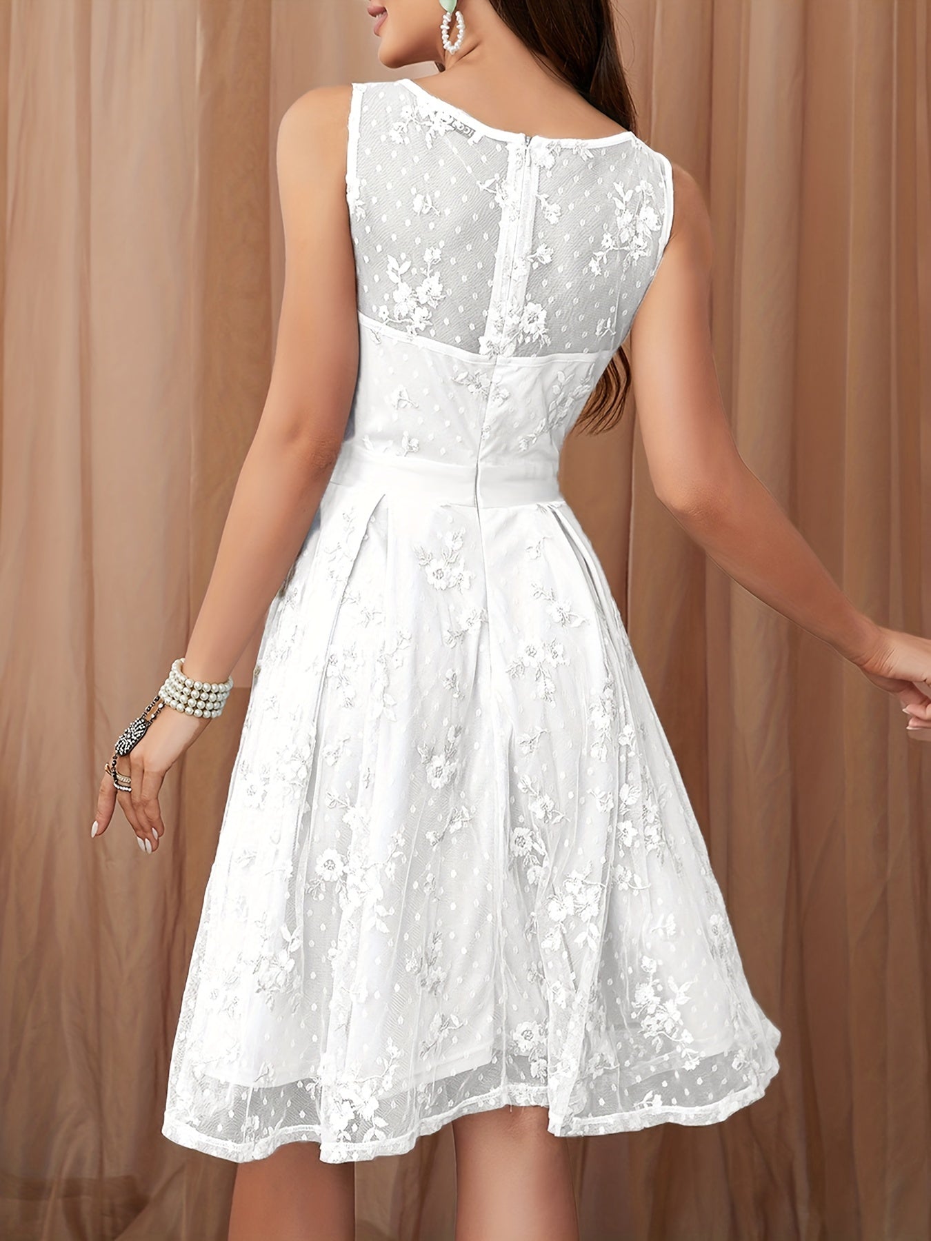 Sixsr Floral Embroidered Mesh Stitching Dress, Casual Pleated Sleeveless Tank Dress For Spring & Summer, Women's Clothing