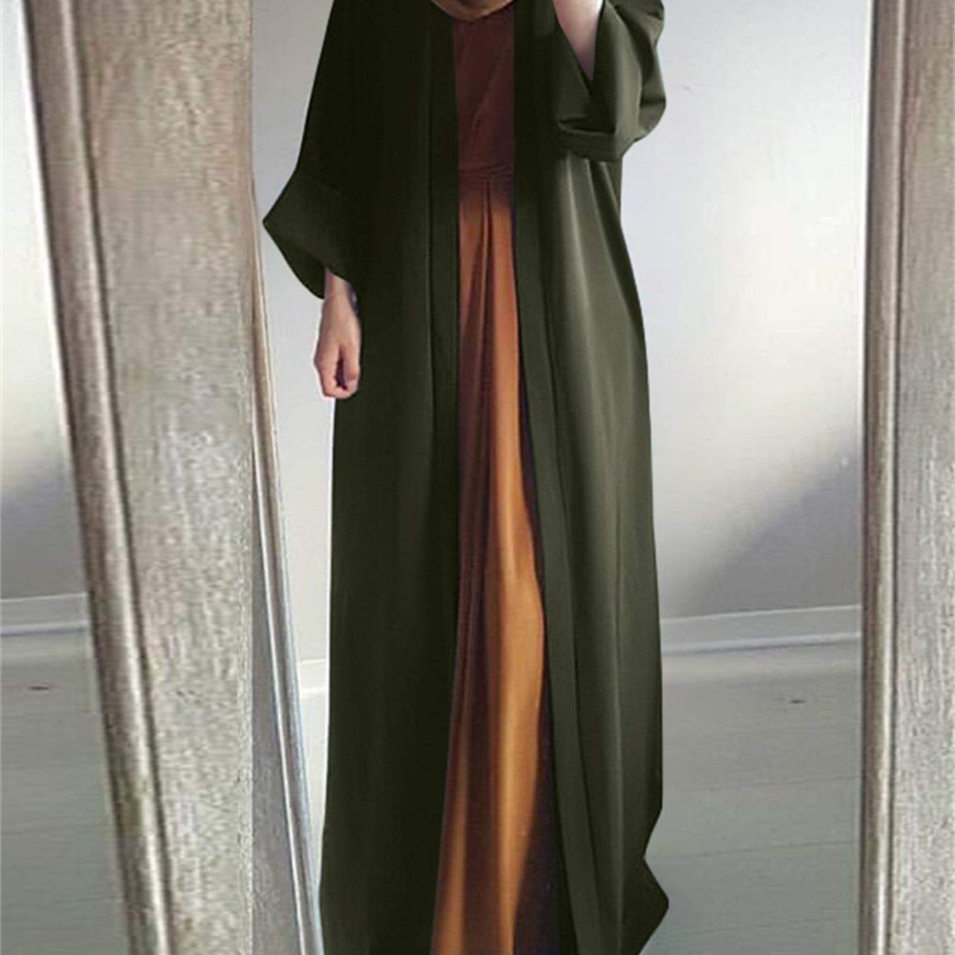 Sixsr Plus Size Modest Abaya Robe, Women's Plus Solid Long Sleeve Open Front Loose Turkey Robe
