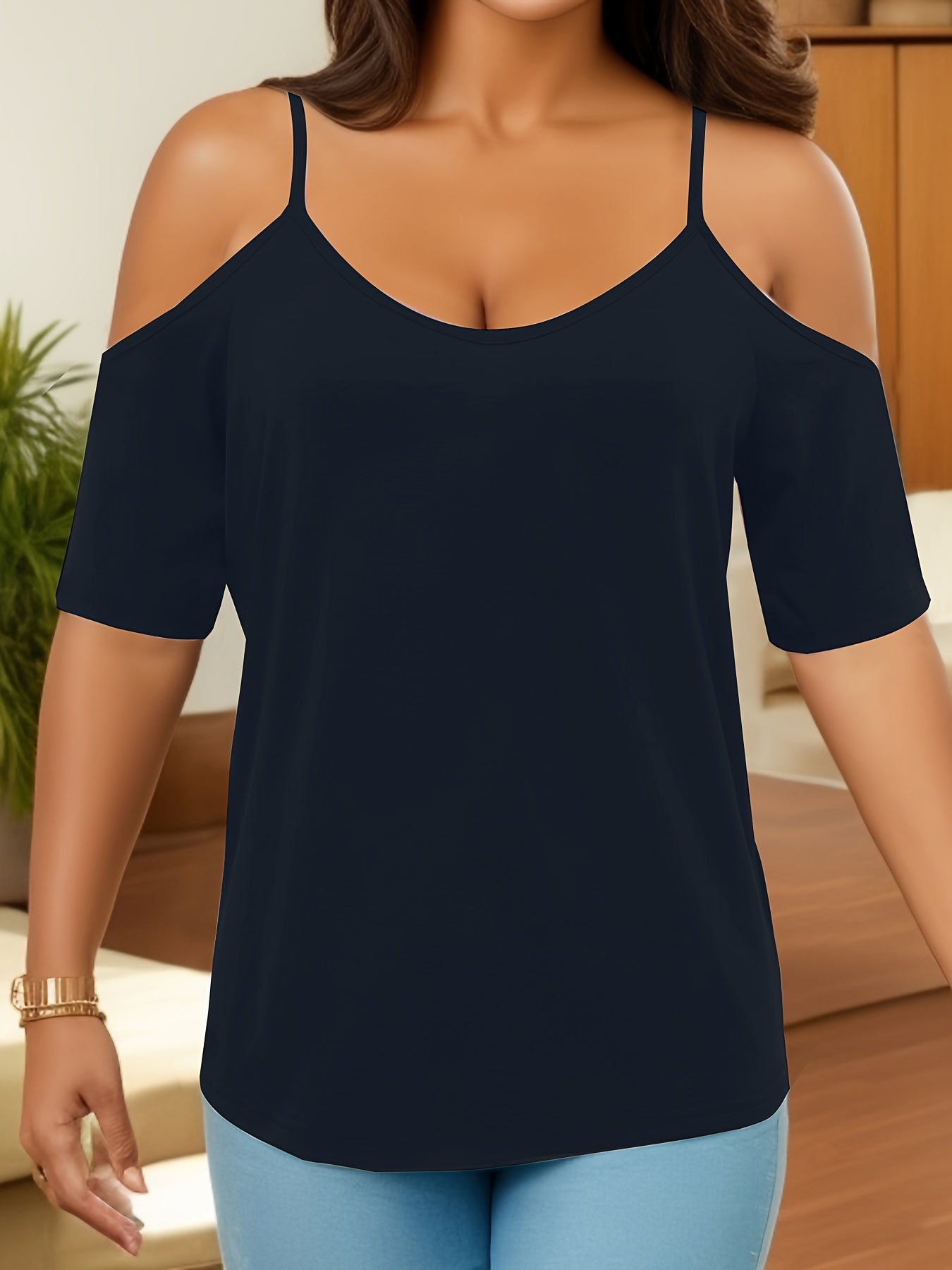 Sixsr Cold Shoulder V Neck T-Shirt, Casual Short Sleeve T-Shirt For Spring & Summer, Women's Clothing