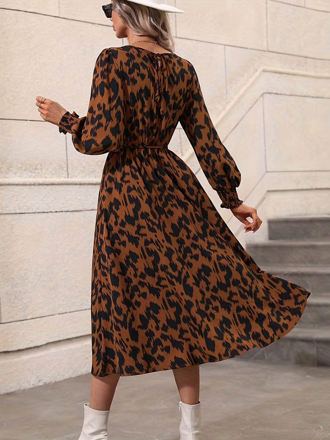 Leopard Print Crew Neck Dress, Elegant Long Sleeve Dress For Spring & Summer, Women's Clothing
