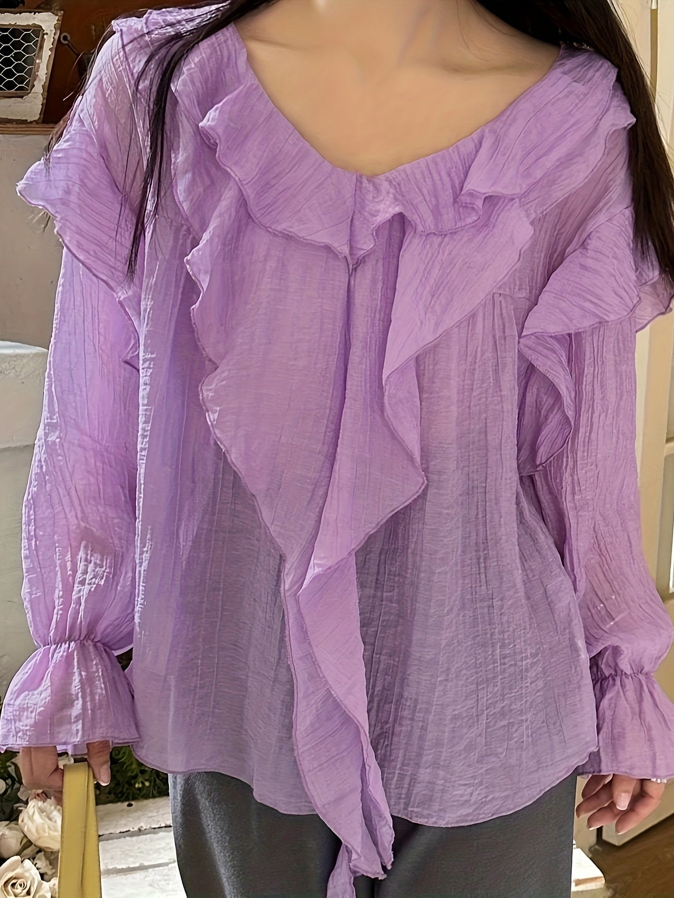 Sixsr Solid Ruffle Trim V-neck Blouse, Elegant Long Sleeve Blouse For Spring & Fall, Women's Clothing